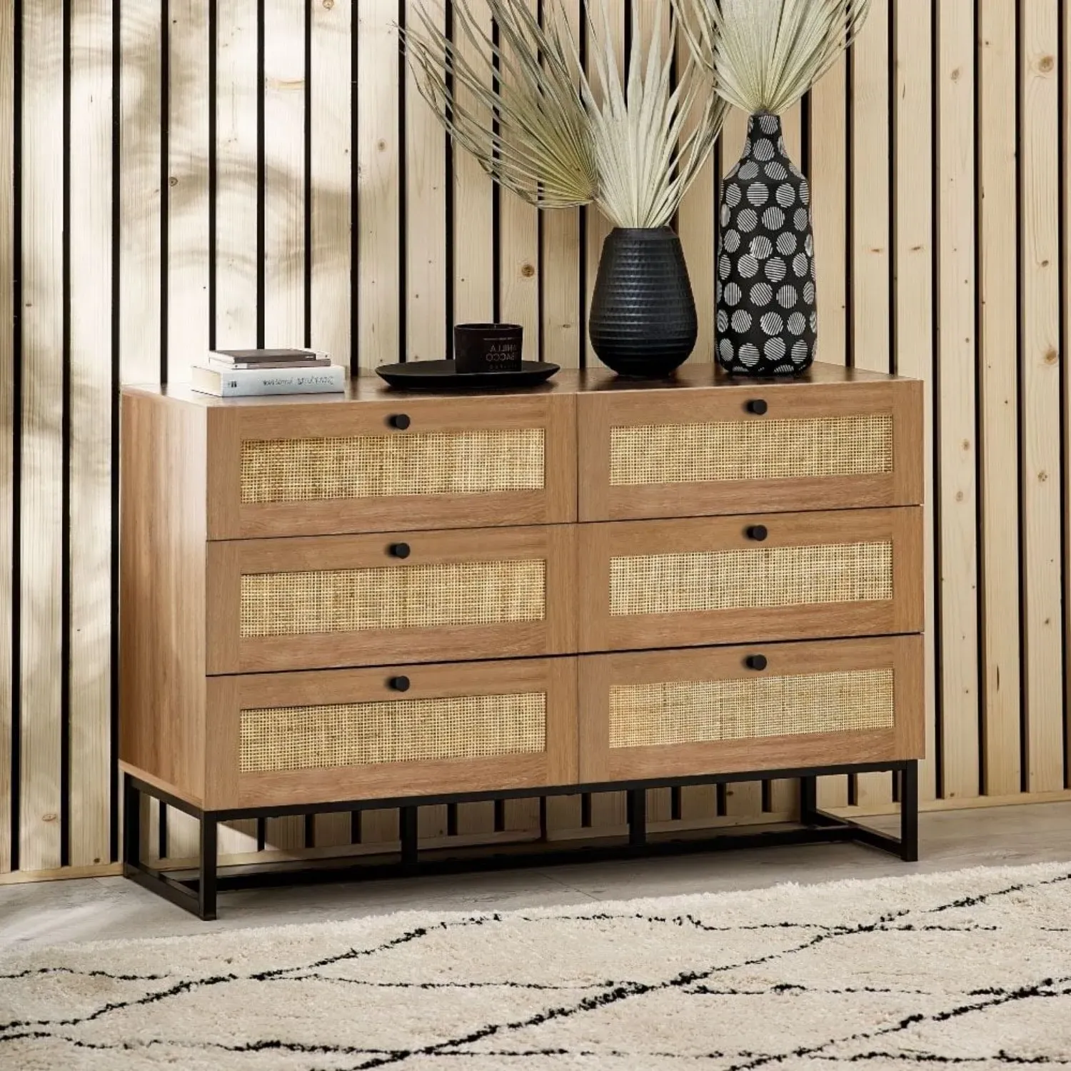 6-Drawer Wide Chest with Rattan - Oak, Melamine