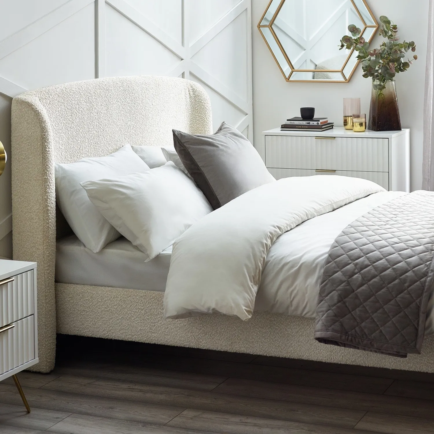 Double Bed Frame with Curved Headboard - Cream, Boucle