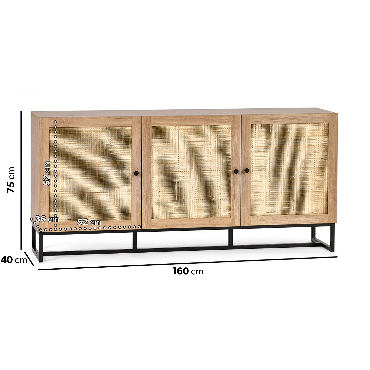 Large Sideboard with Rattan Doors - Brown, Oak