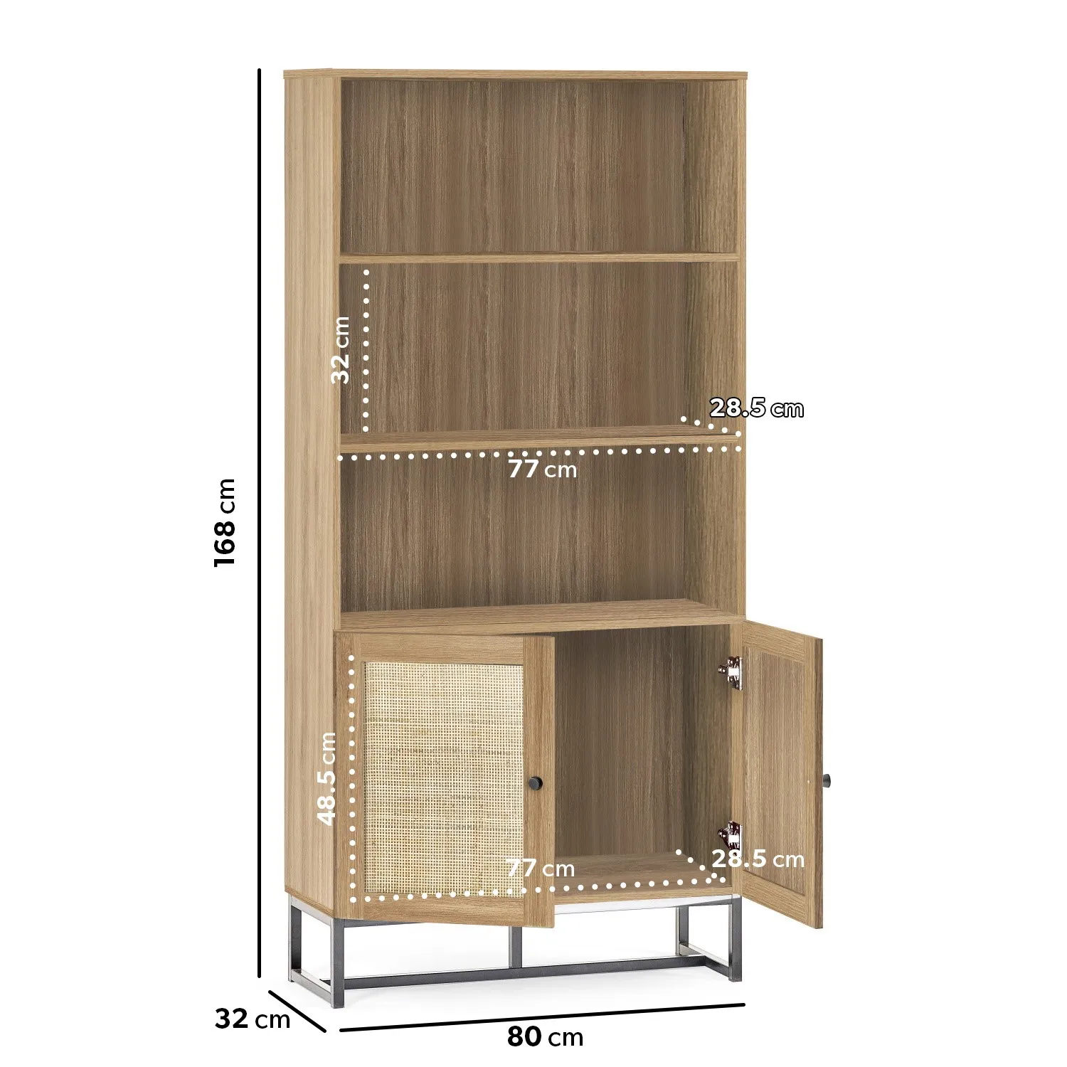 Tall Bookcase with Rattan Doors - Brown, Oak