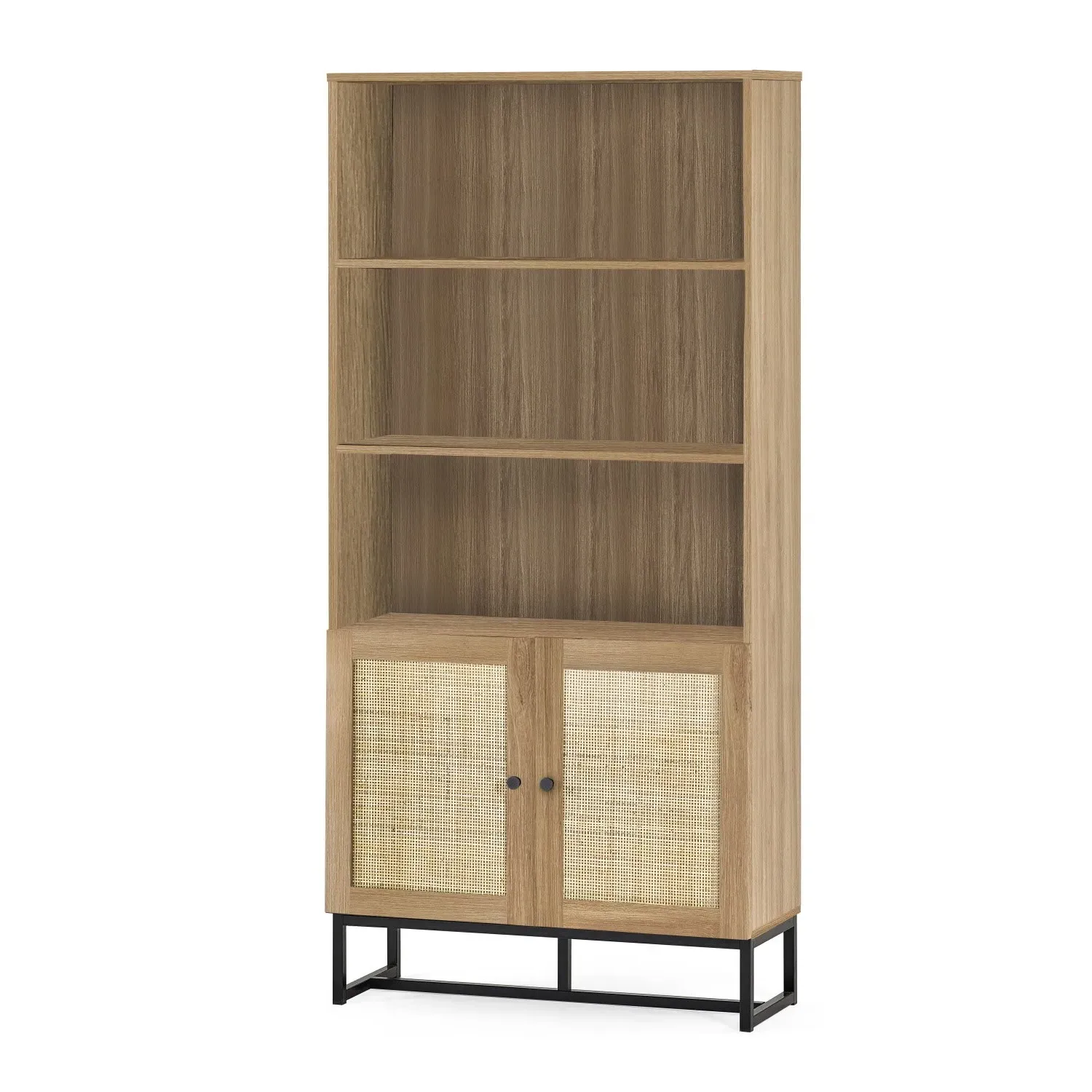 Tall Bookcase with Rattan Doors - Brown, Oak