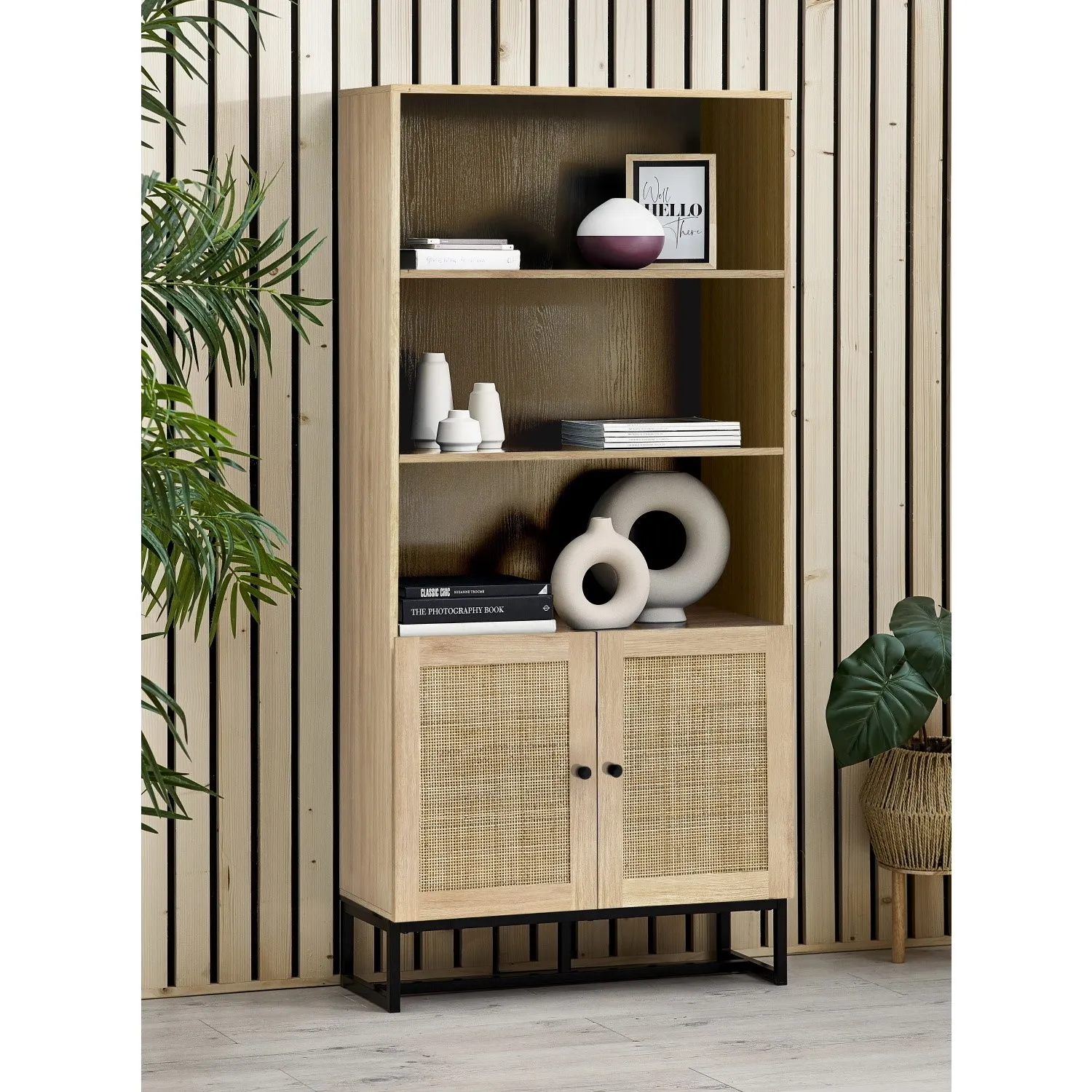 Tall Bookcase with Rattan Doors - Brown, Oak image