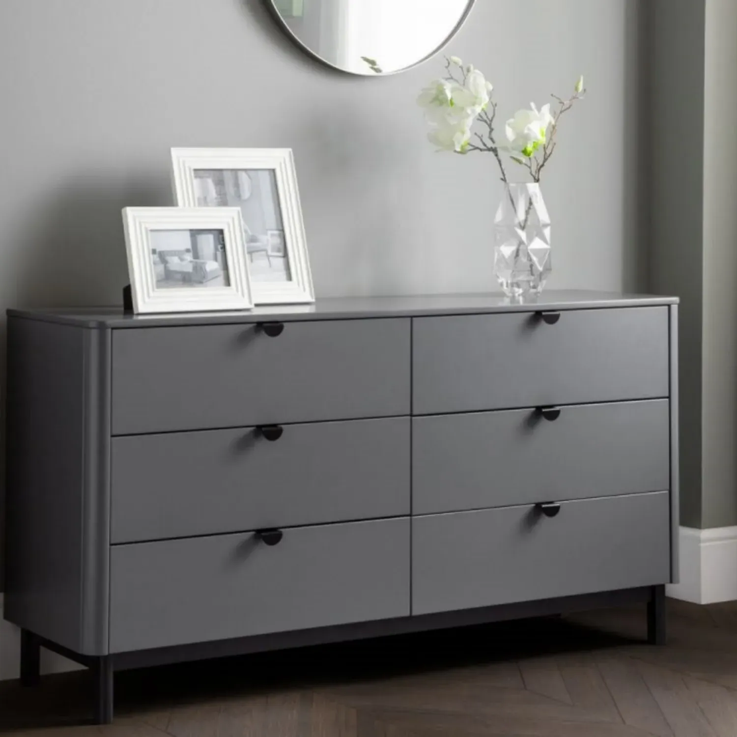 Wide 6-Drawer Chest with Legs - Grey, Wood