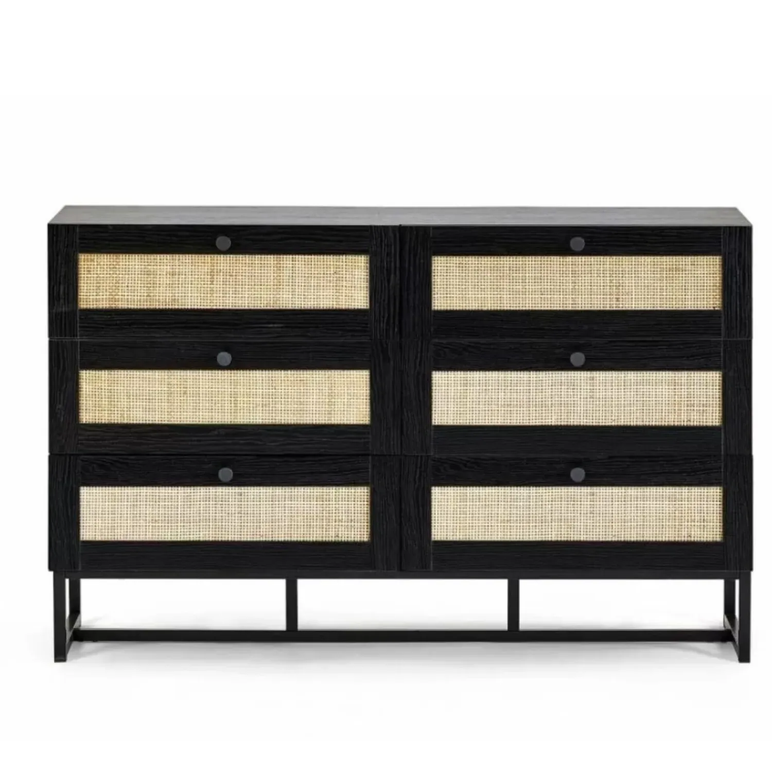 Wide 6-Drawer Chest with Rattan Fronts - Black, Wood