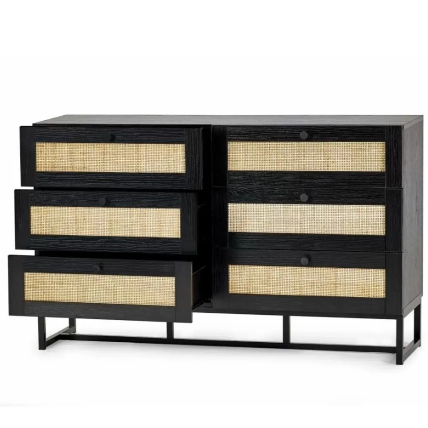 Wide 6-Drawer Chest with Rattan Fronts - Black, Wood