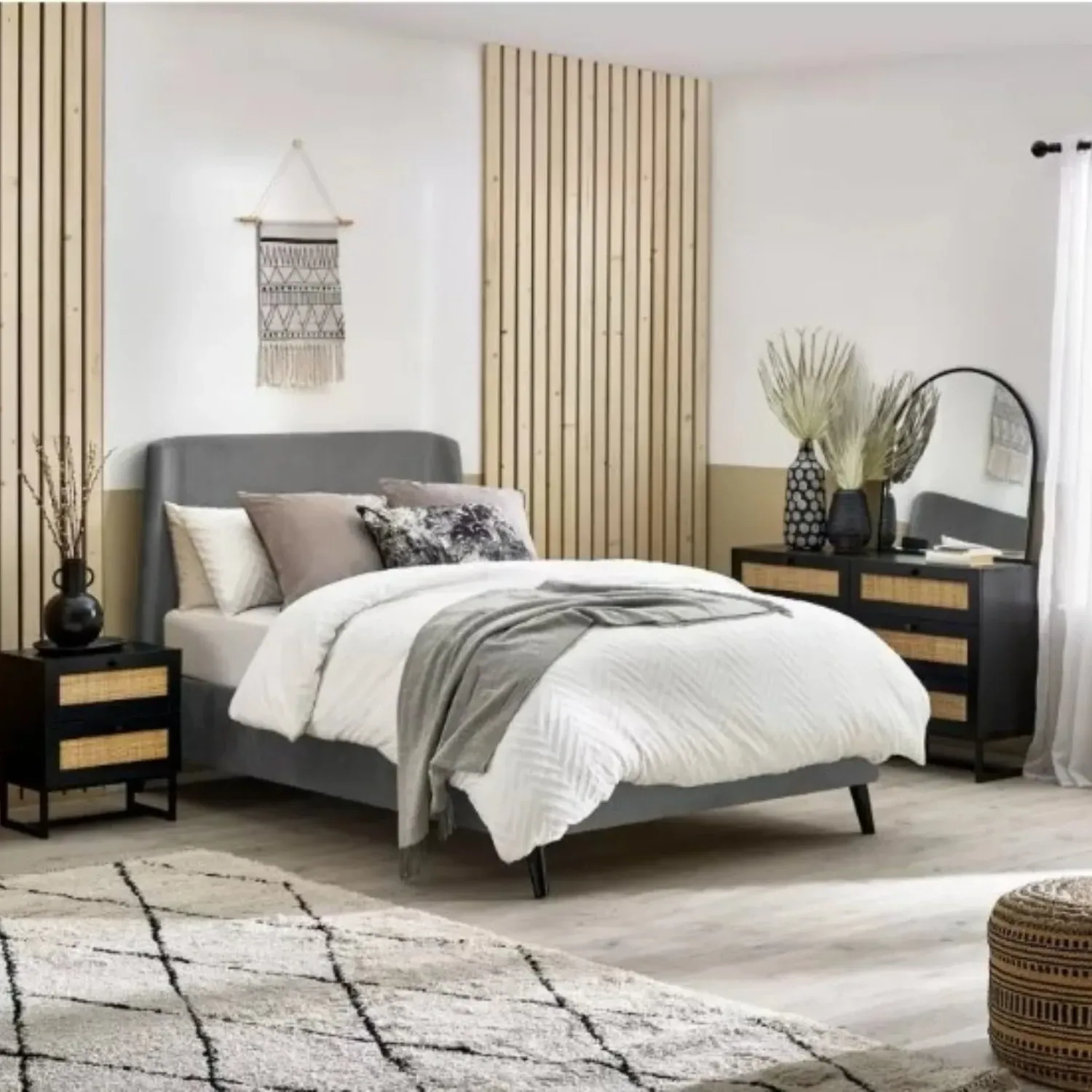 Wide 6-Drawer Chest with Rattan Fronts - Black, Wood