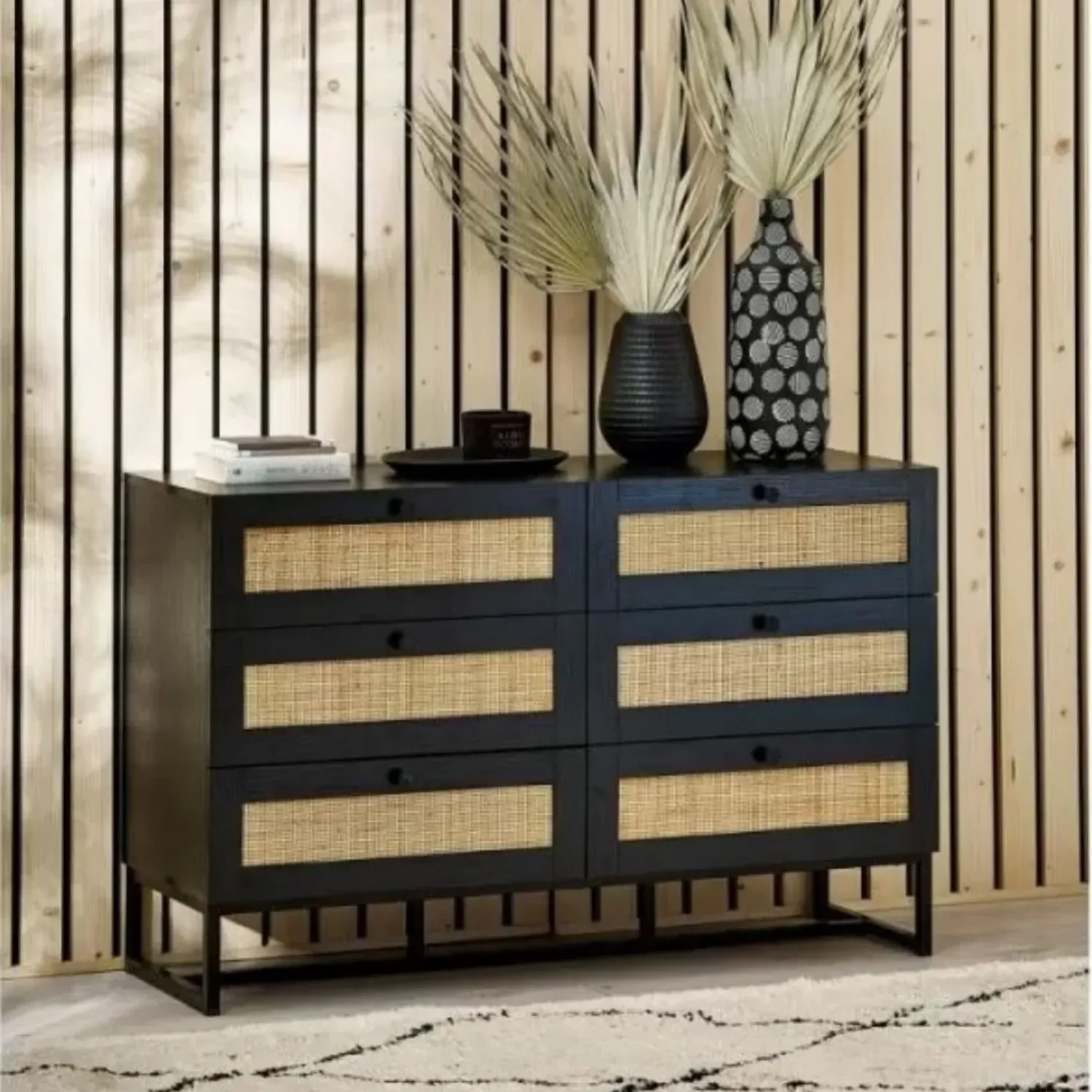 Wide 6-Drawer Chest with Rattan Fronts - Black, Wood image
