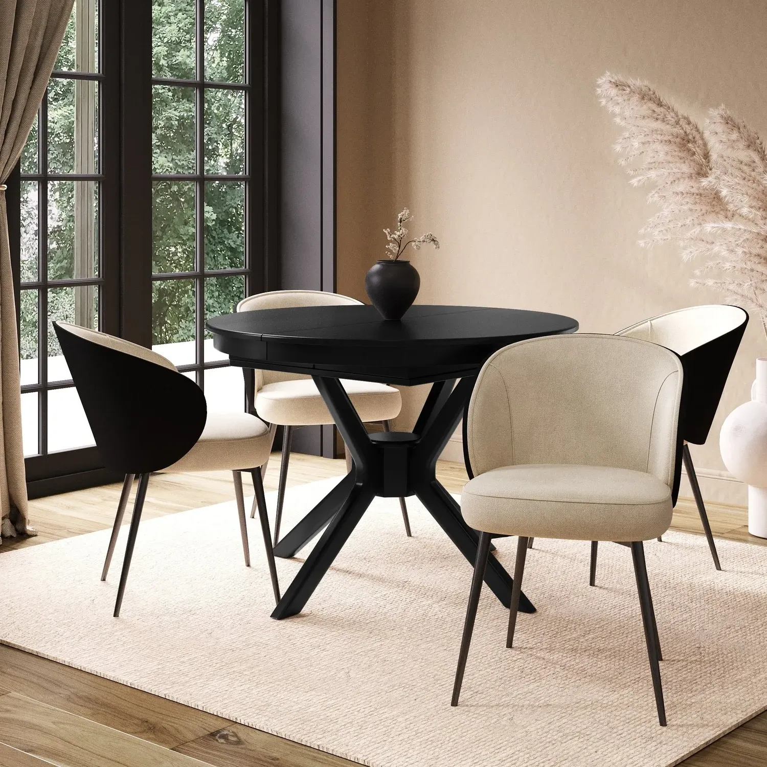 Round Extendable Dining Set - Black, Wood