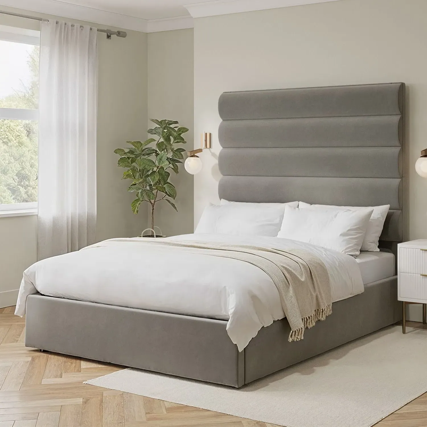 Double Ottoman Bed with Tall Headboard - Mink, Velvet