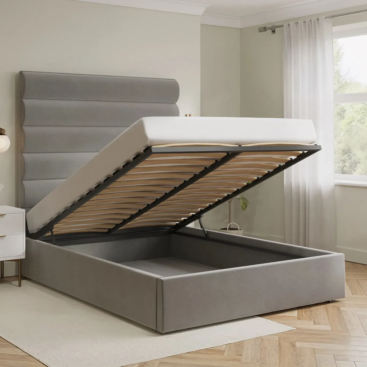 Double Ottoman Bed with Tall Headboard - Mink, Velvet