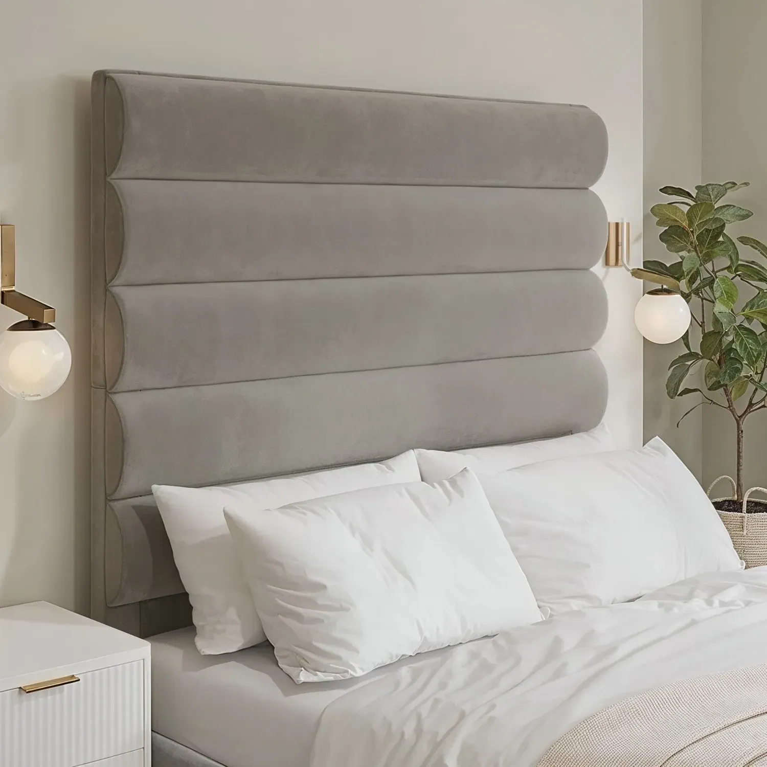 Double Ottoman Bed with Tall Headboard - Mink, Velvet