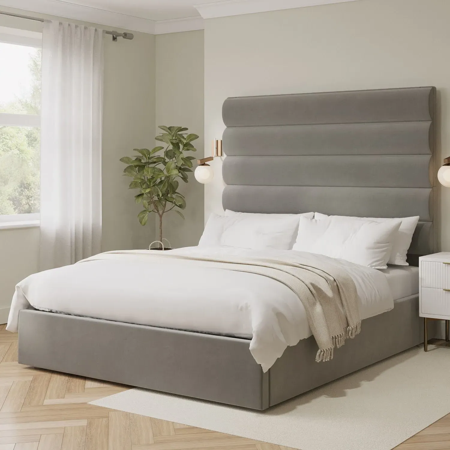 King Size Ottoman Bed with Tall Headboard - Mink, Velvet