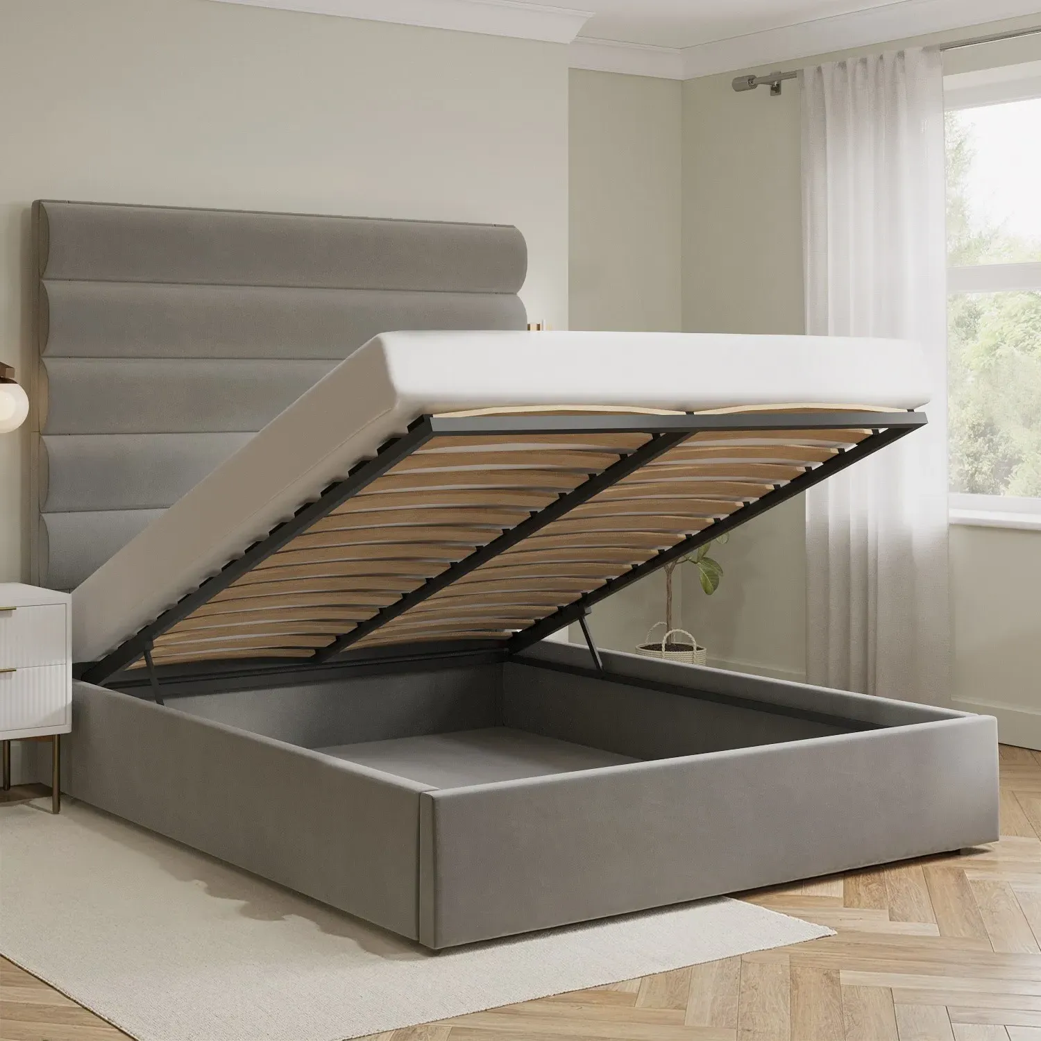 King Size Ottoman Bed with Tall Headboard - Mink, Velvet