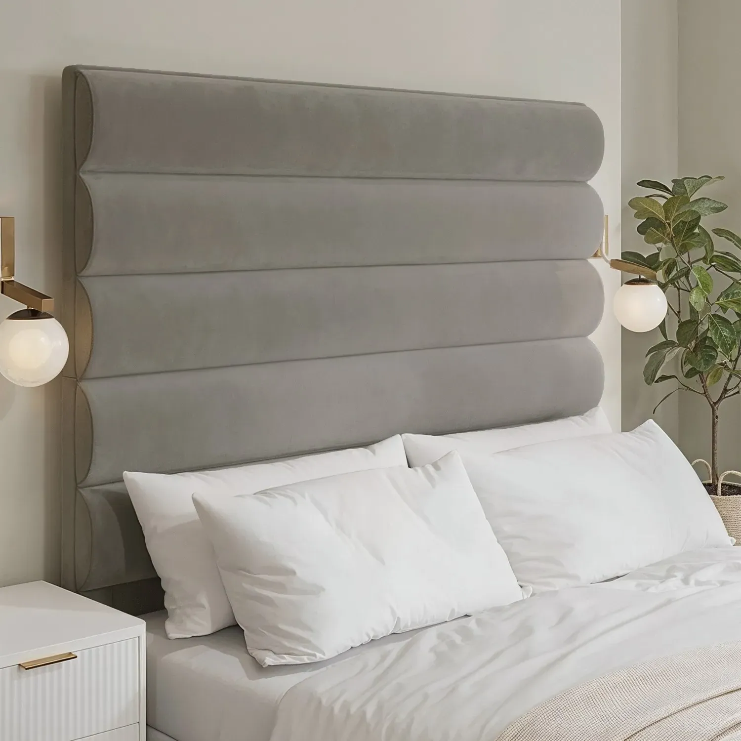 King Size Ottoman Bed with Tall Headboard - Mink, Velvet