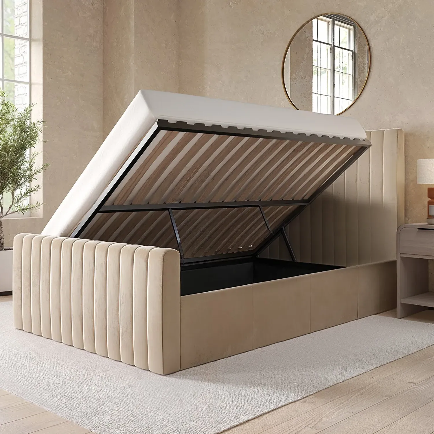 Double Ottoman Bed with Side-Lift - Beige, Velvet