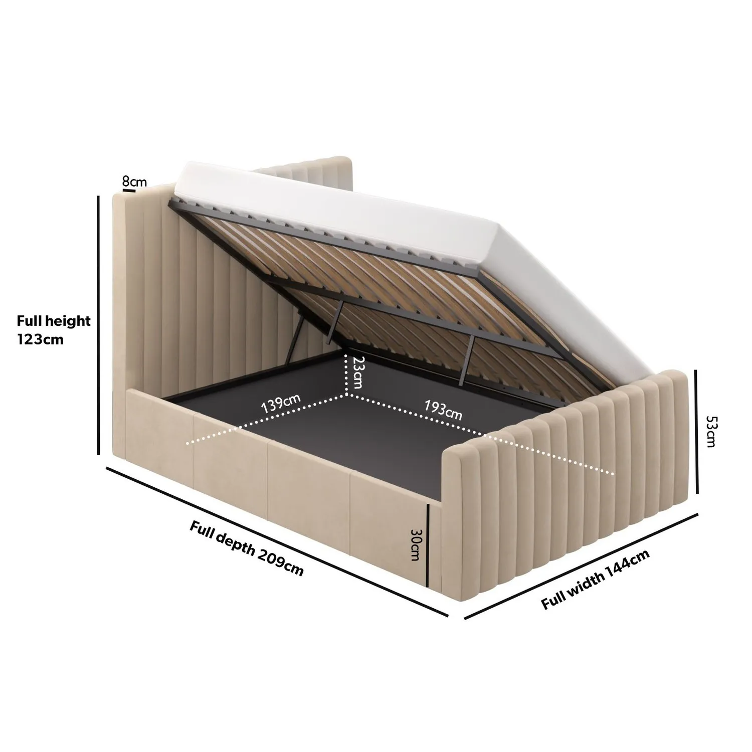 Double Ottoman Bed with Side-Lift - Beige, Velvet