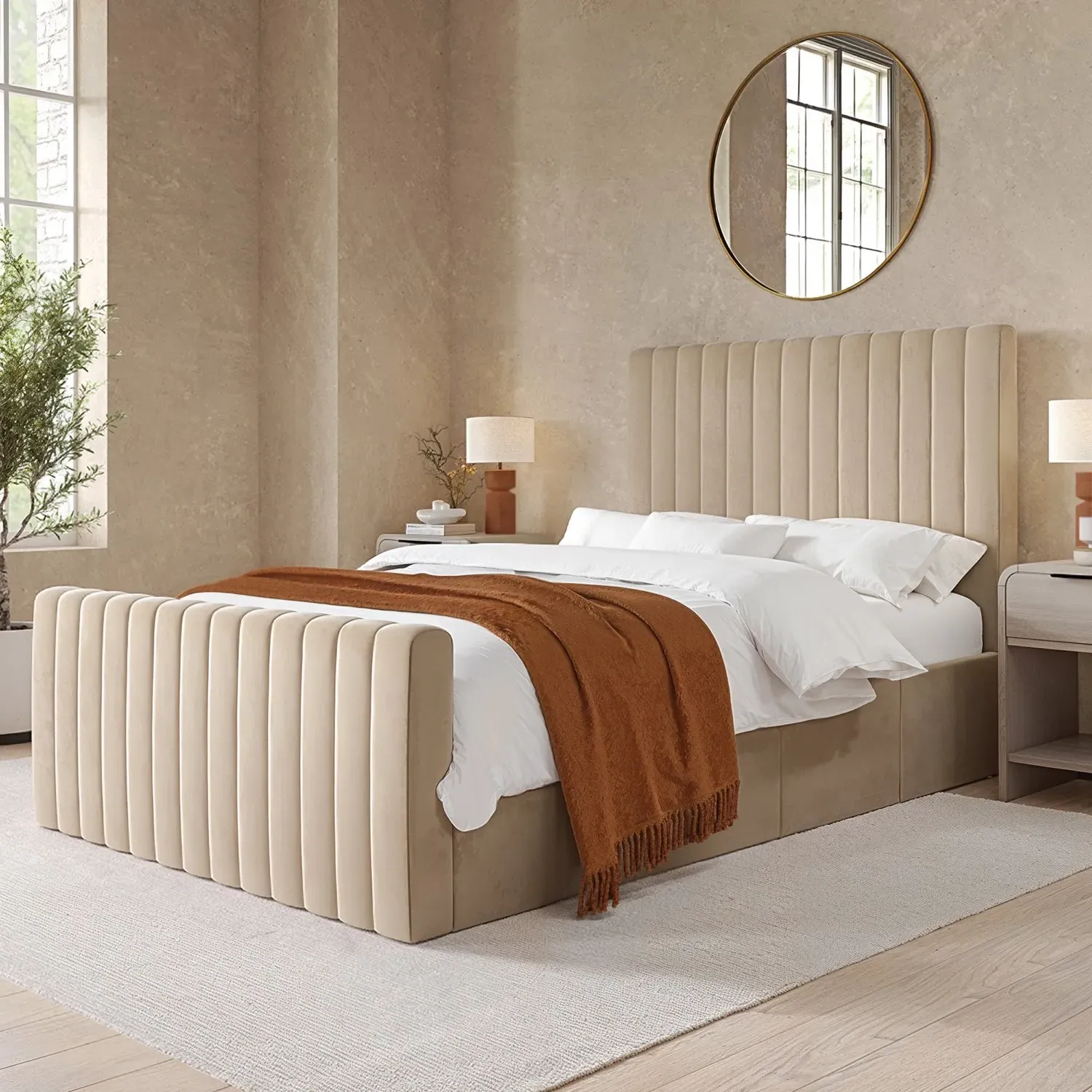 Double Ottoman Bed with Side-Lift - Beige, Velvet image