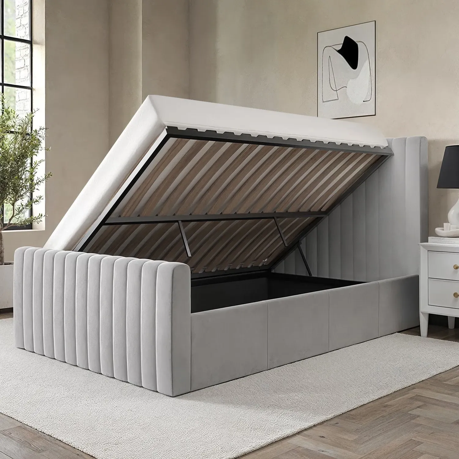 Double Ottoman Bed with Side-Lift - Grey, Velvet