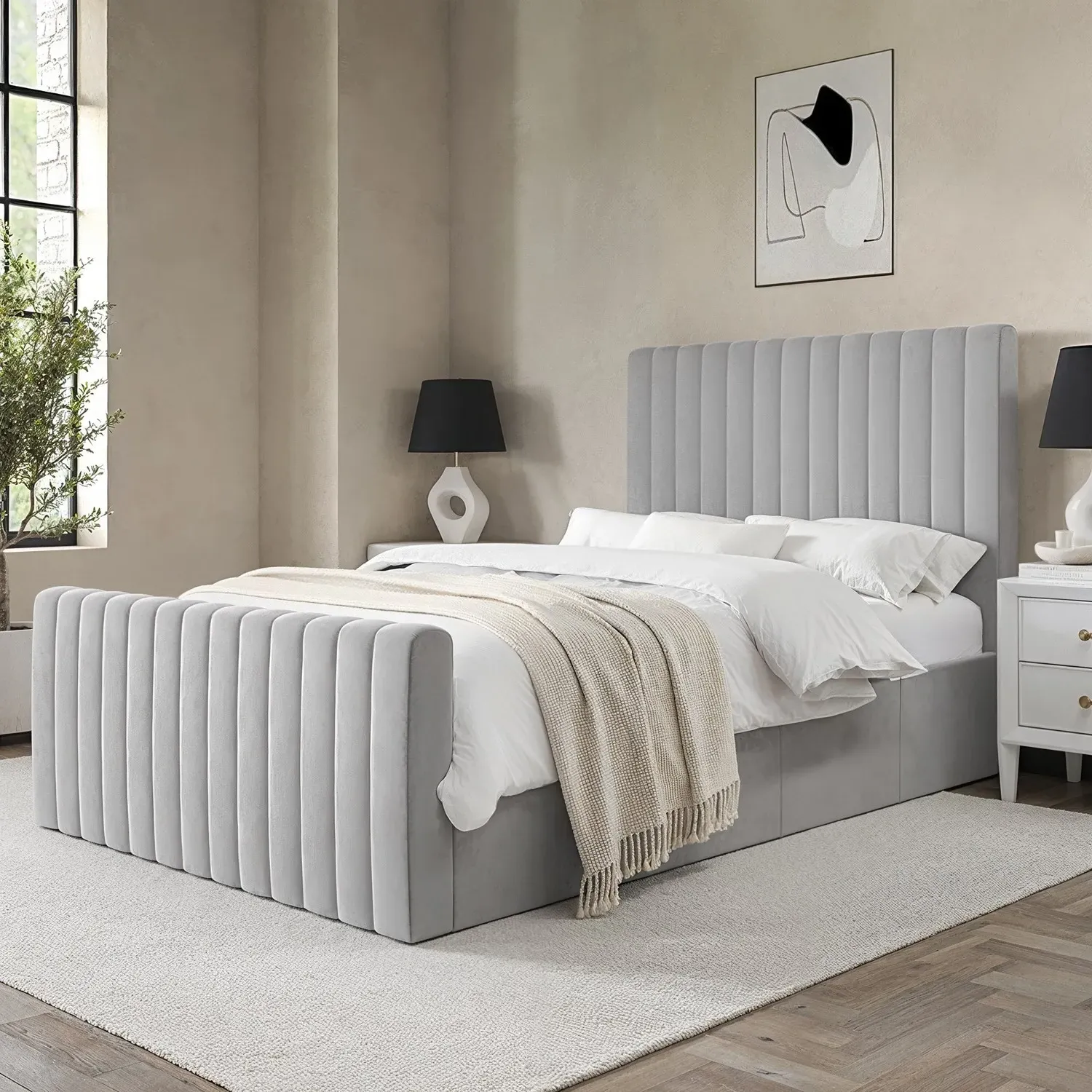 Double Ottoman Bed with Side-Lift - Grey, Velvet