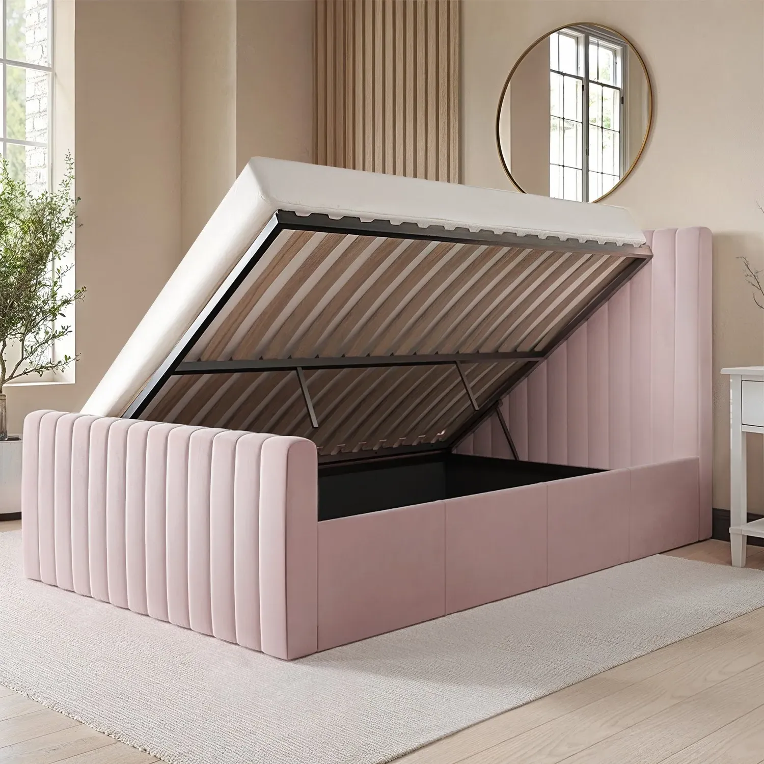 Double Ottoman Bed with Side-Lift - Pink, Velvet