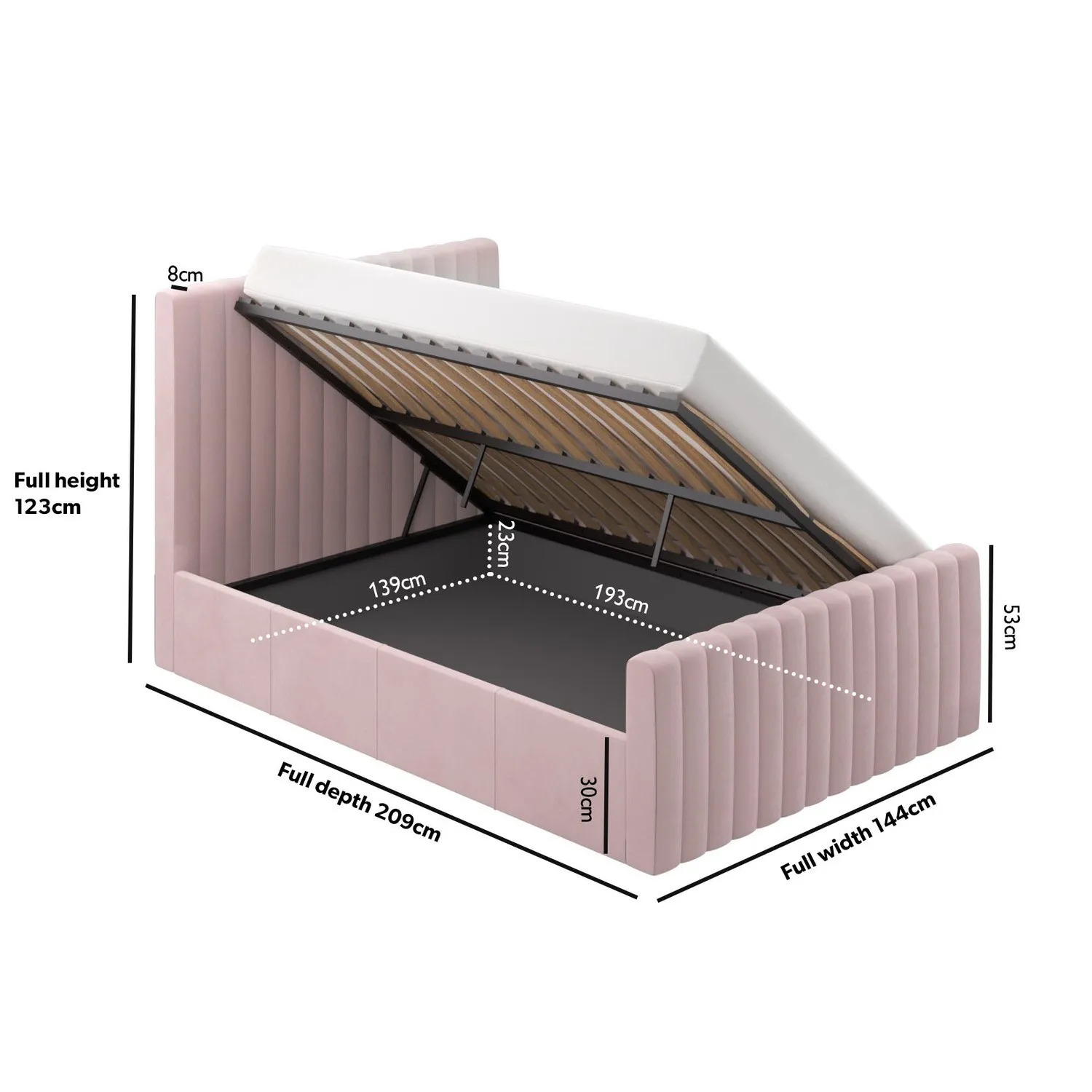 Double Ottoman Bed with Side-Lift - Pink, Velvet