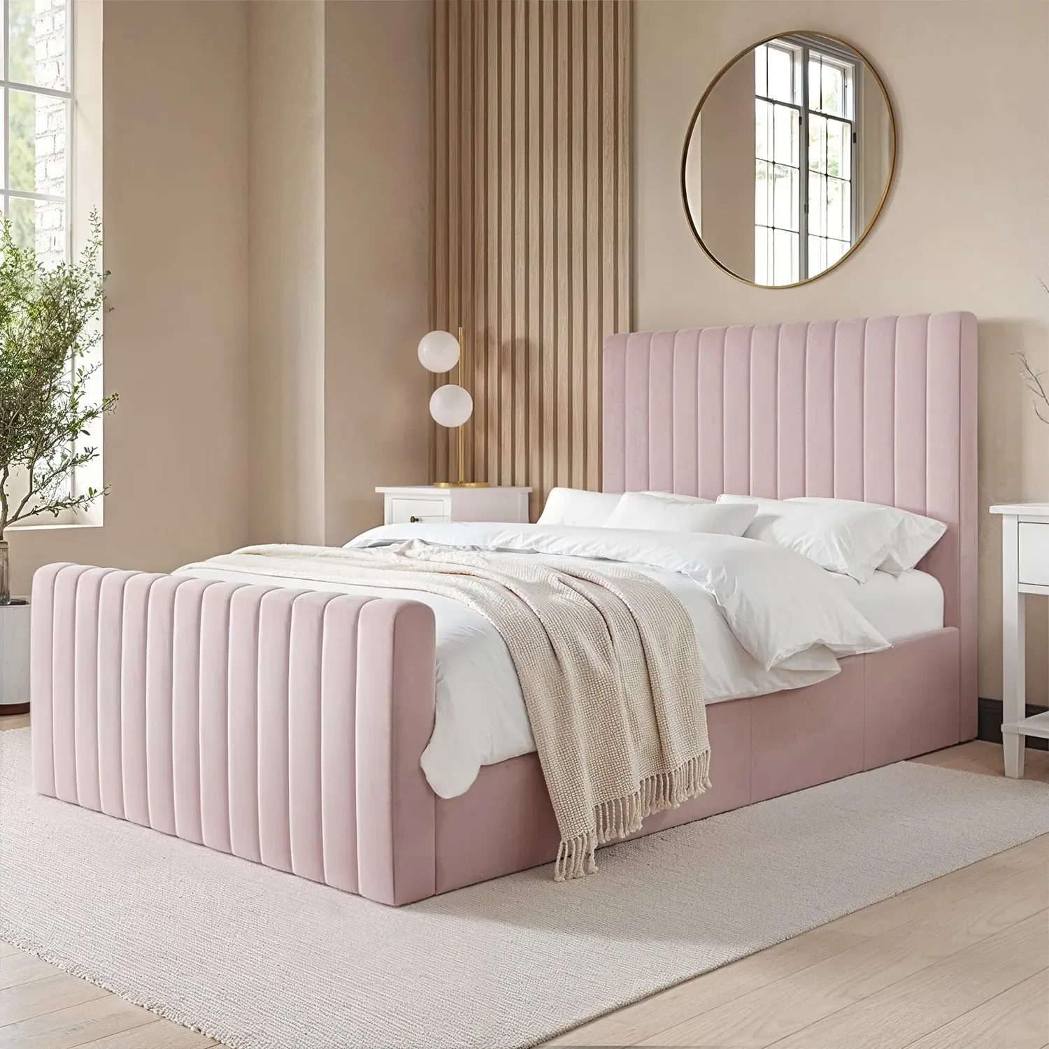 Double Ottoman Bed with Side-Lift - Pink, Velvet