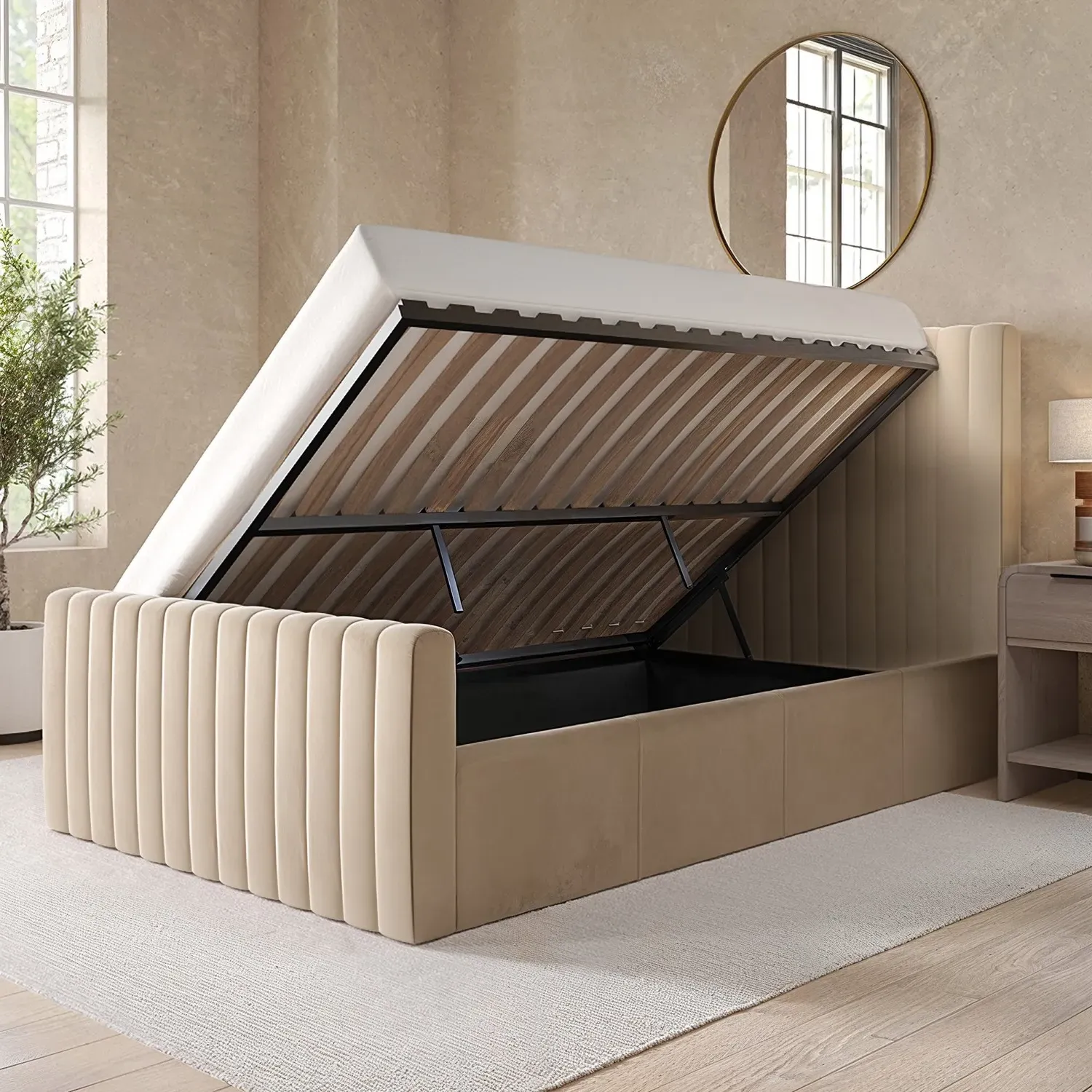 Small Double Ottoman Bed - Beige, Velvet
