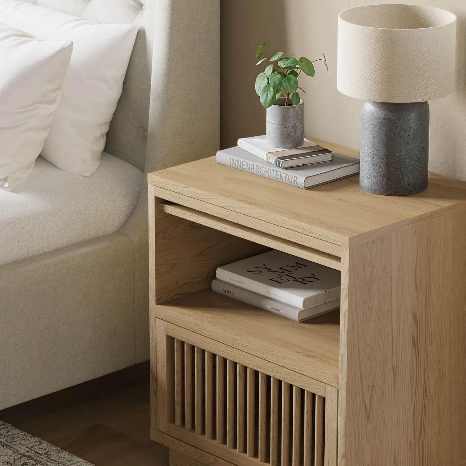 Bedside Table with Drawer & Pull-Out Shelf - Oak