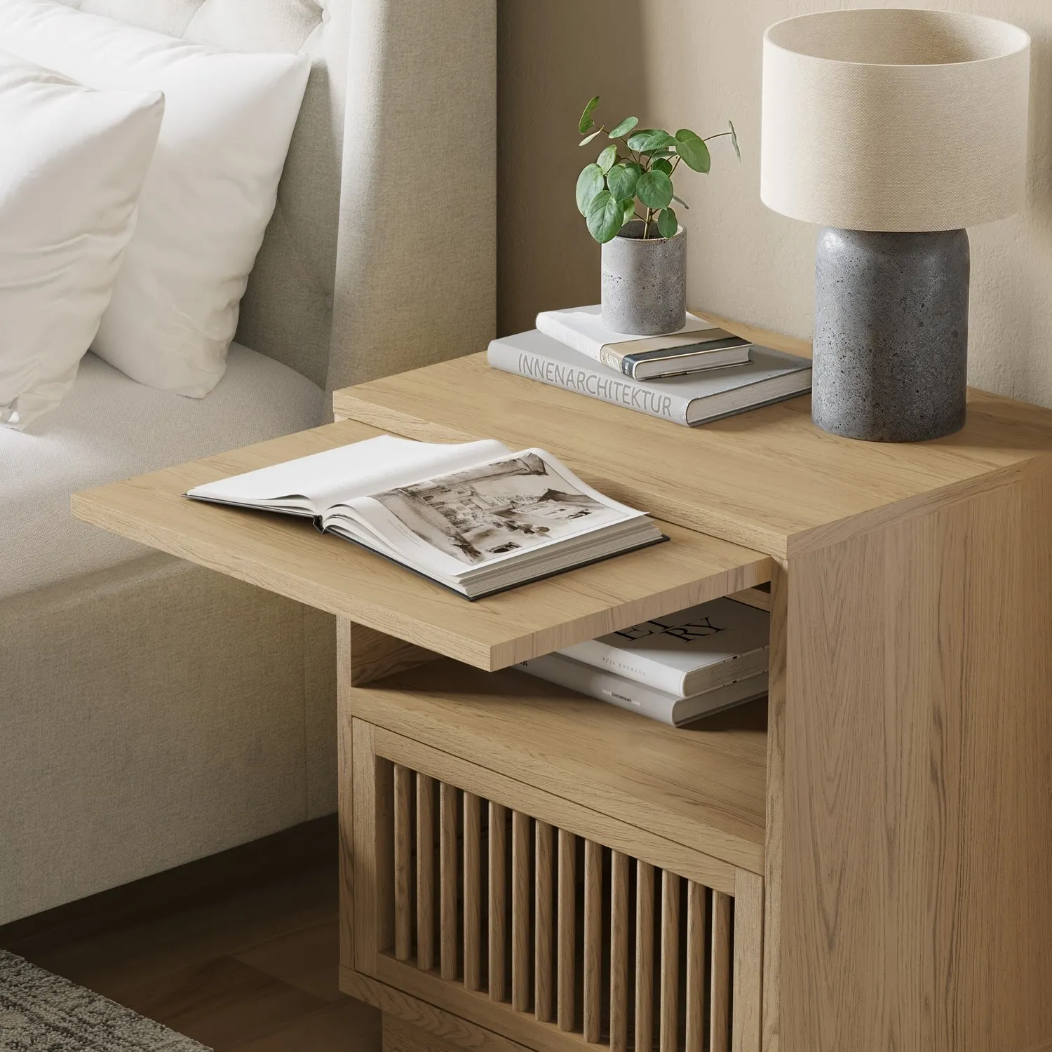 Bedside Table with Drawer & Pull-Out Shelf - Oak