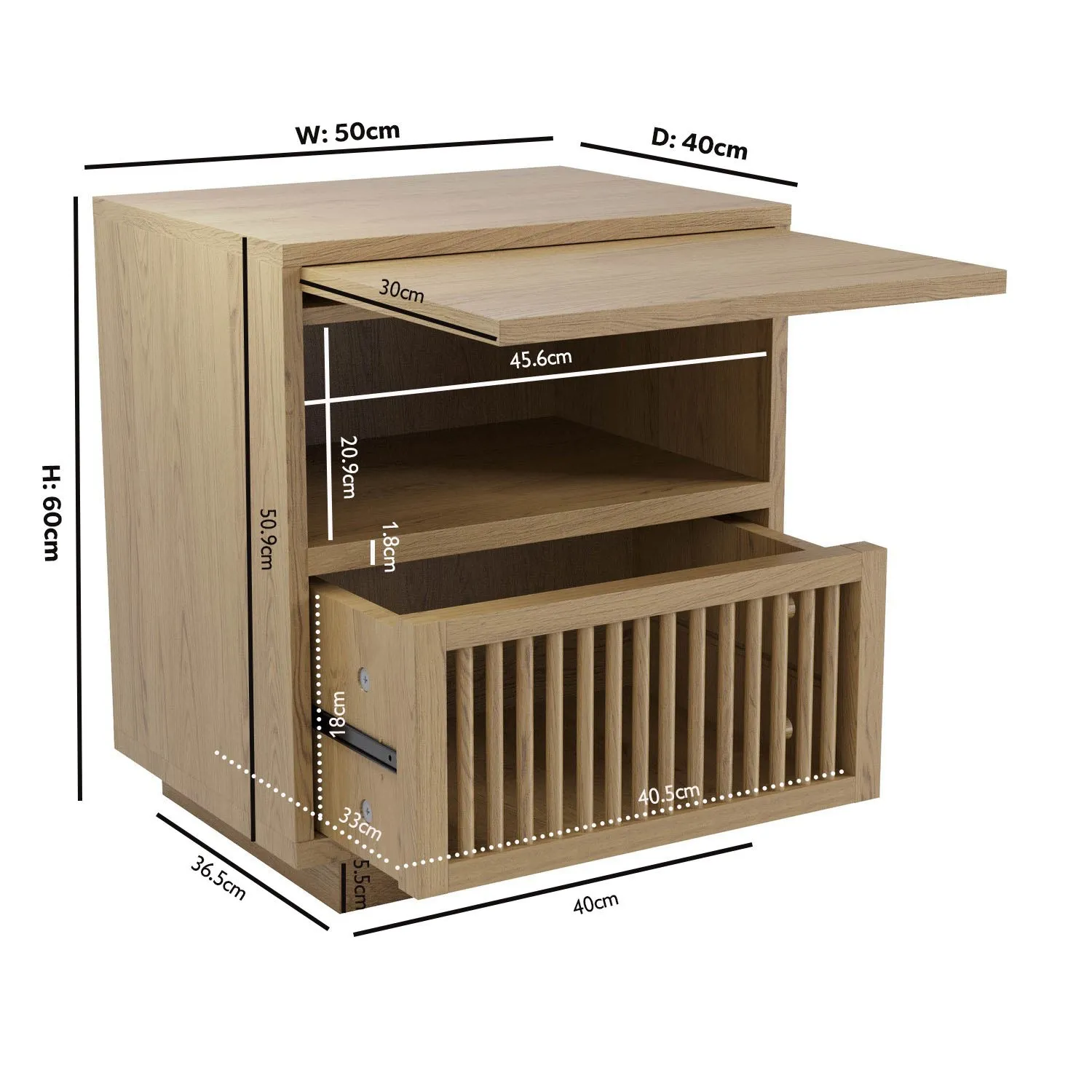 Bedside Table with Drawer & Pull-Out Shelf - Oak
