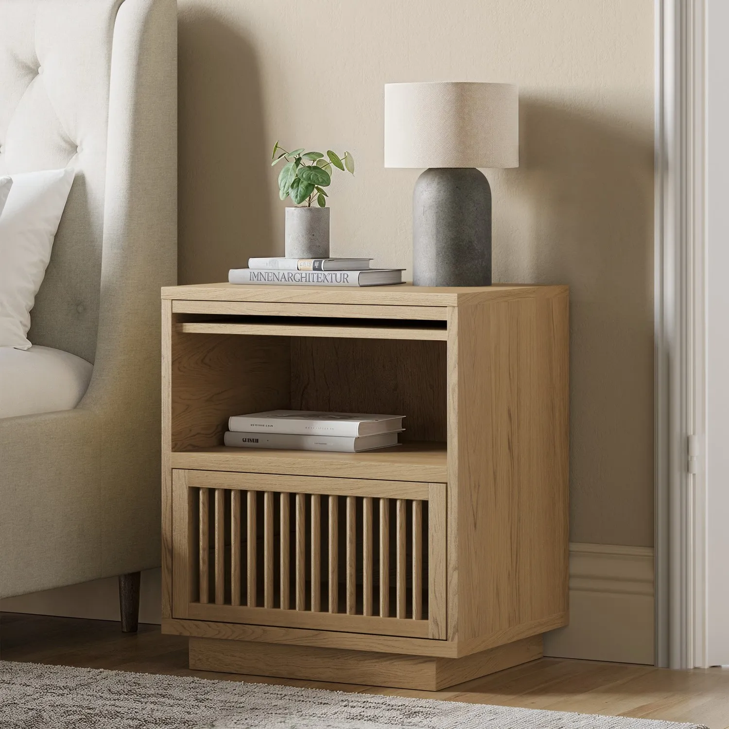 Bedside Table with Drawer & Pull-Out Shelf - Oak image