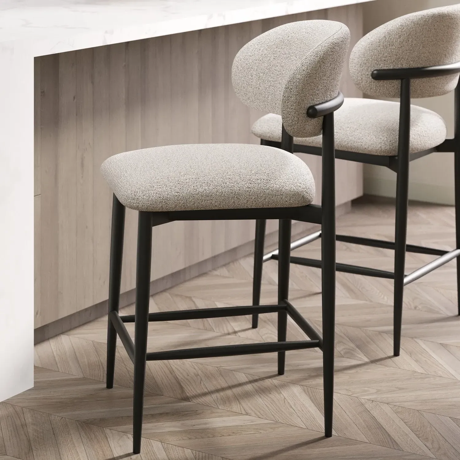 Curved Kitchen Stool with Footrest - Cream, Oak