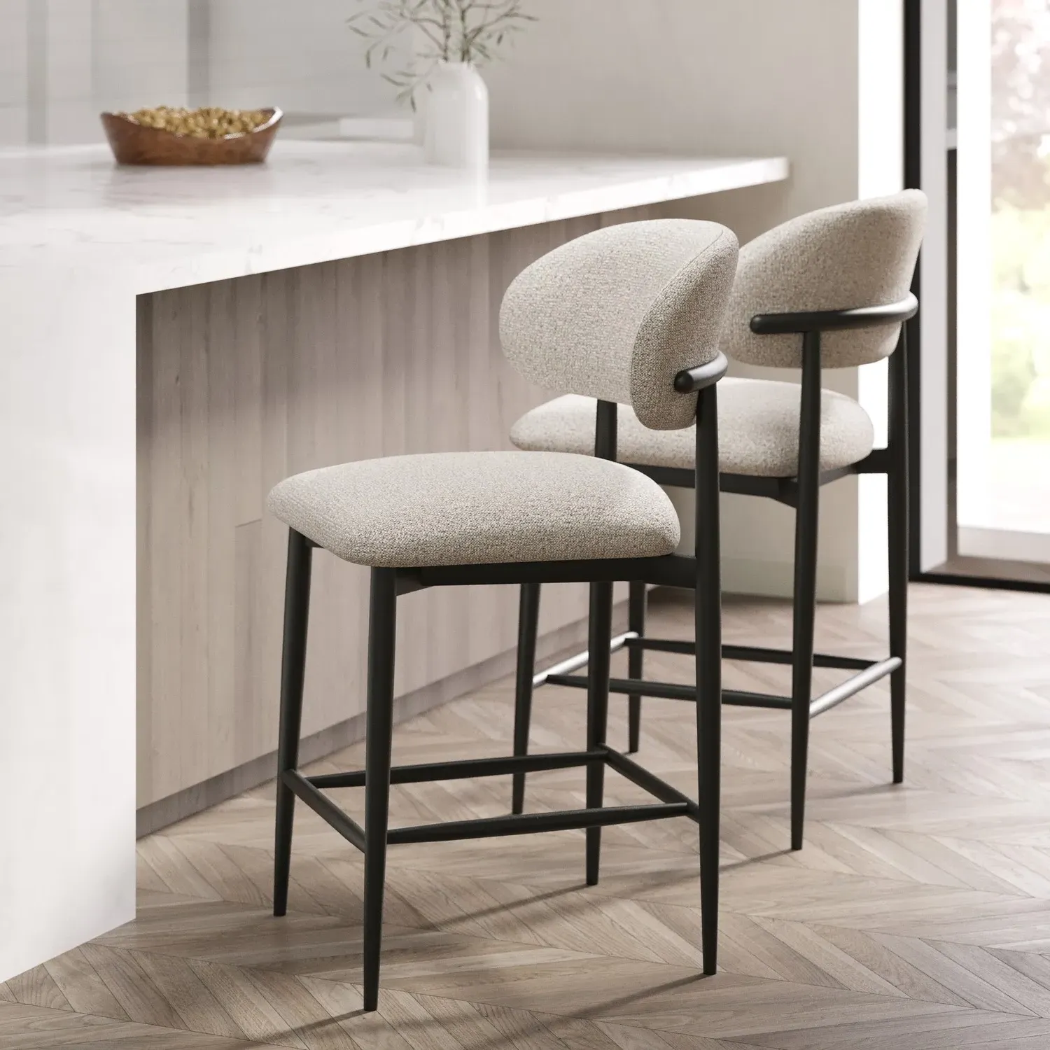 Set of 2 Kitchen Stools Curved Back - Cream, Fabric image