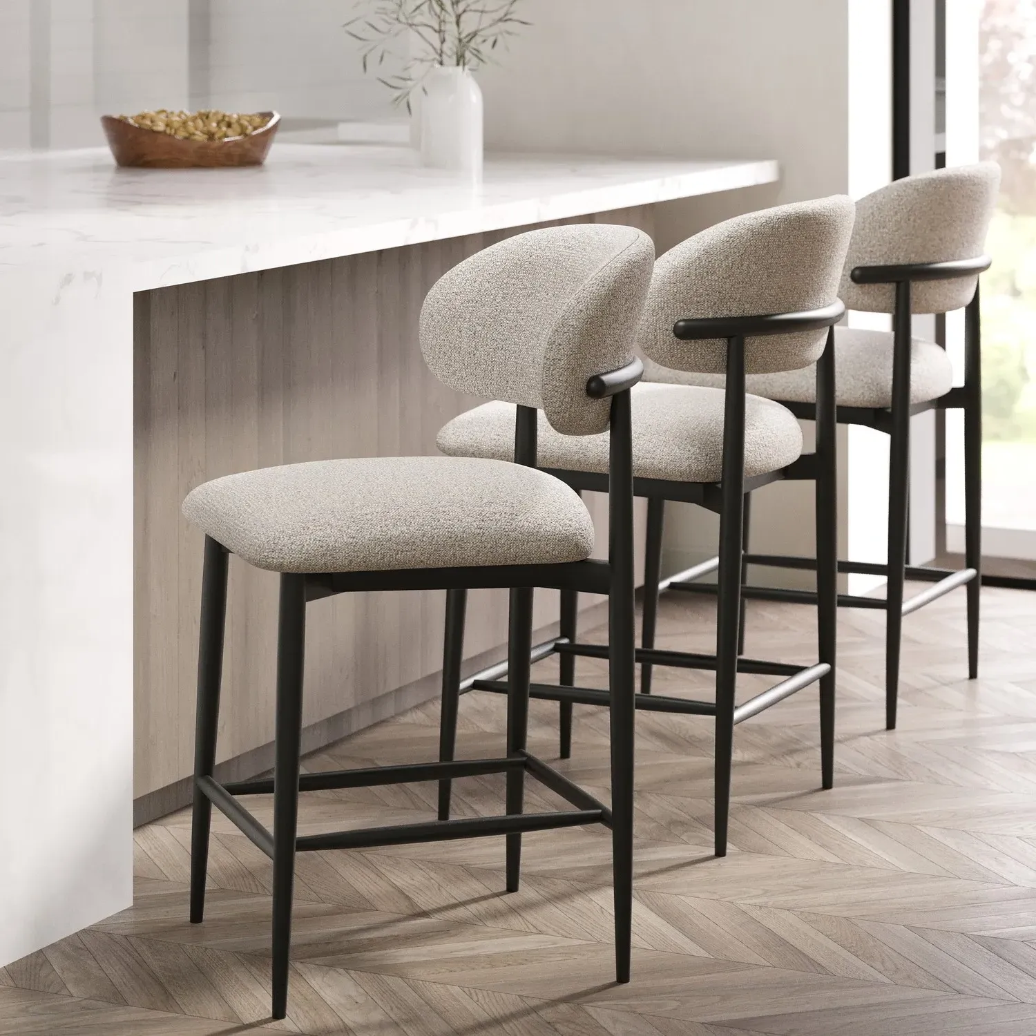 Set of 3 Kitchen Stools Curved Back - Cream, Fabric