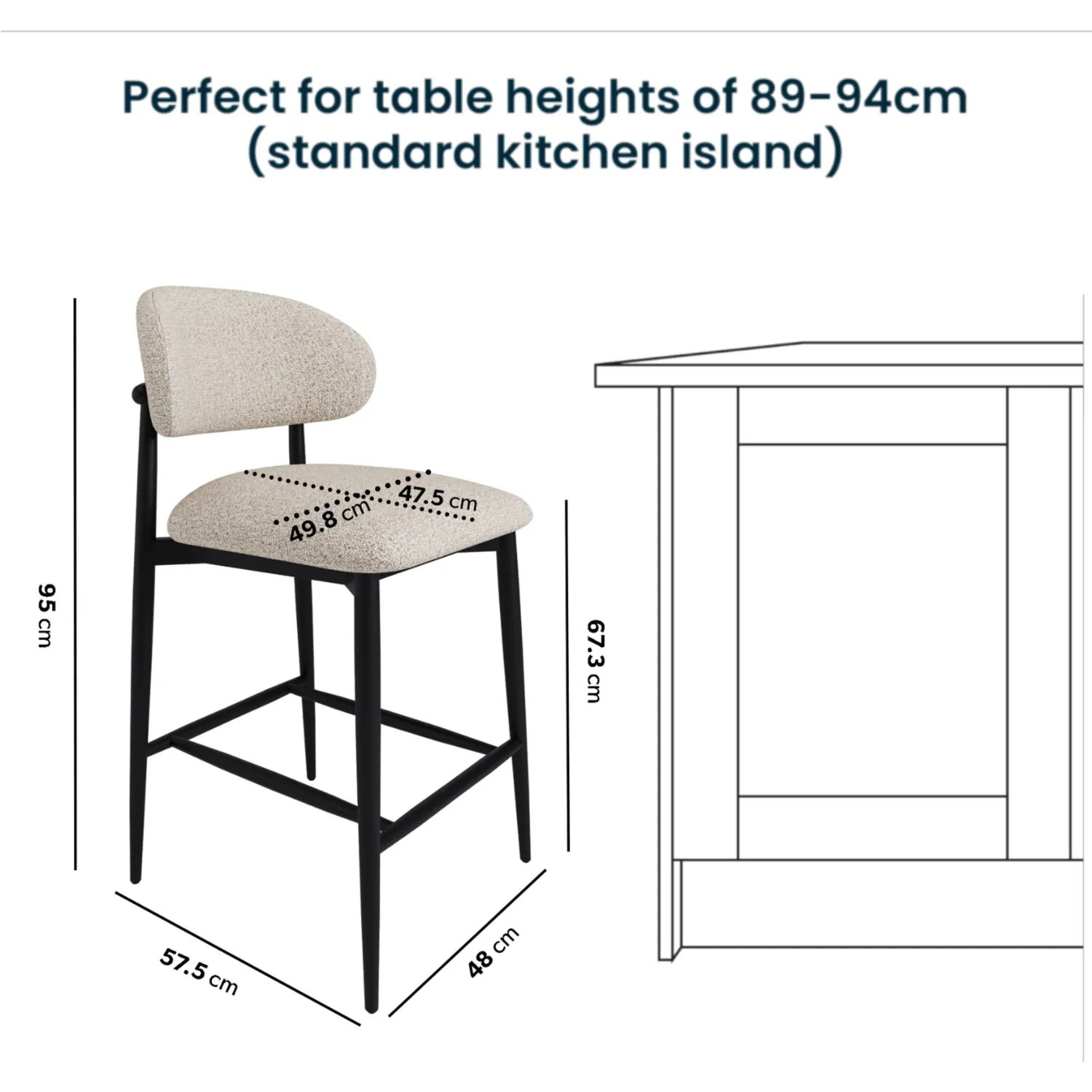 Set of 4 Kitchen Stools Curved Back - Cream, Fabric