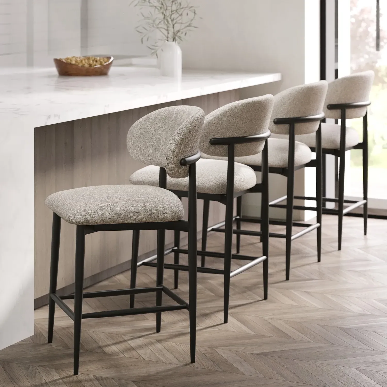 Set of 4 Kitchen Stools Curved Back - Cream, Fabric