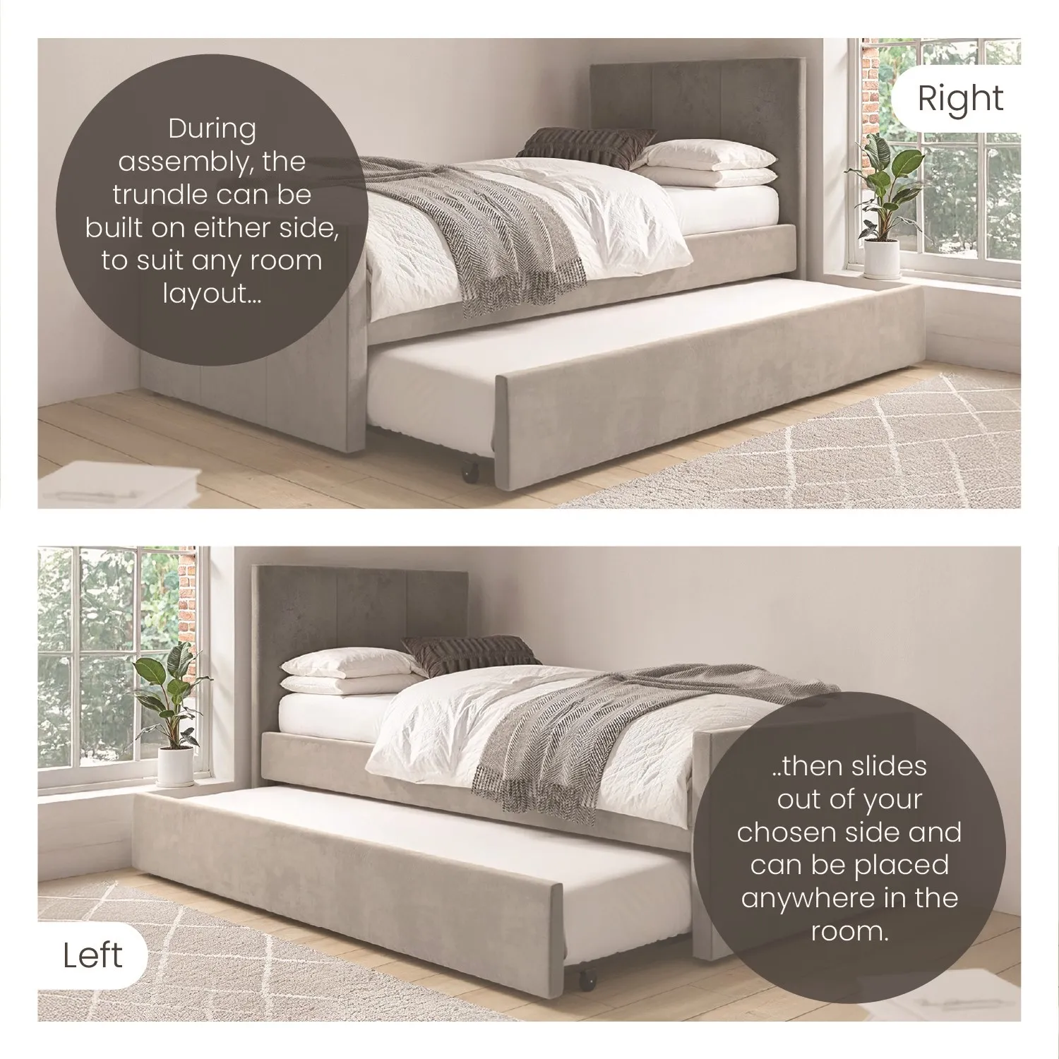 Single Bed with Trundle - Grey, Velvet