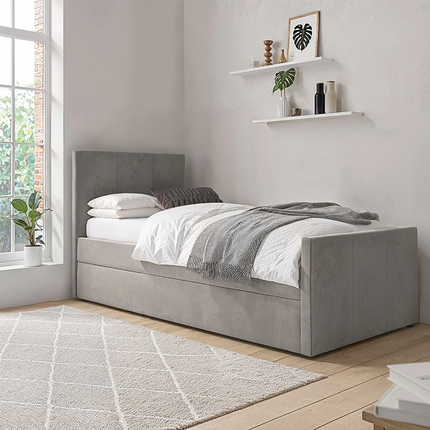 Single Bed with Trundle - Grey, Velvet