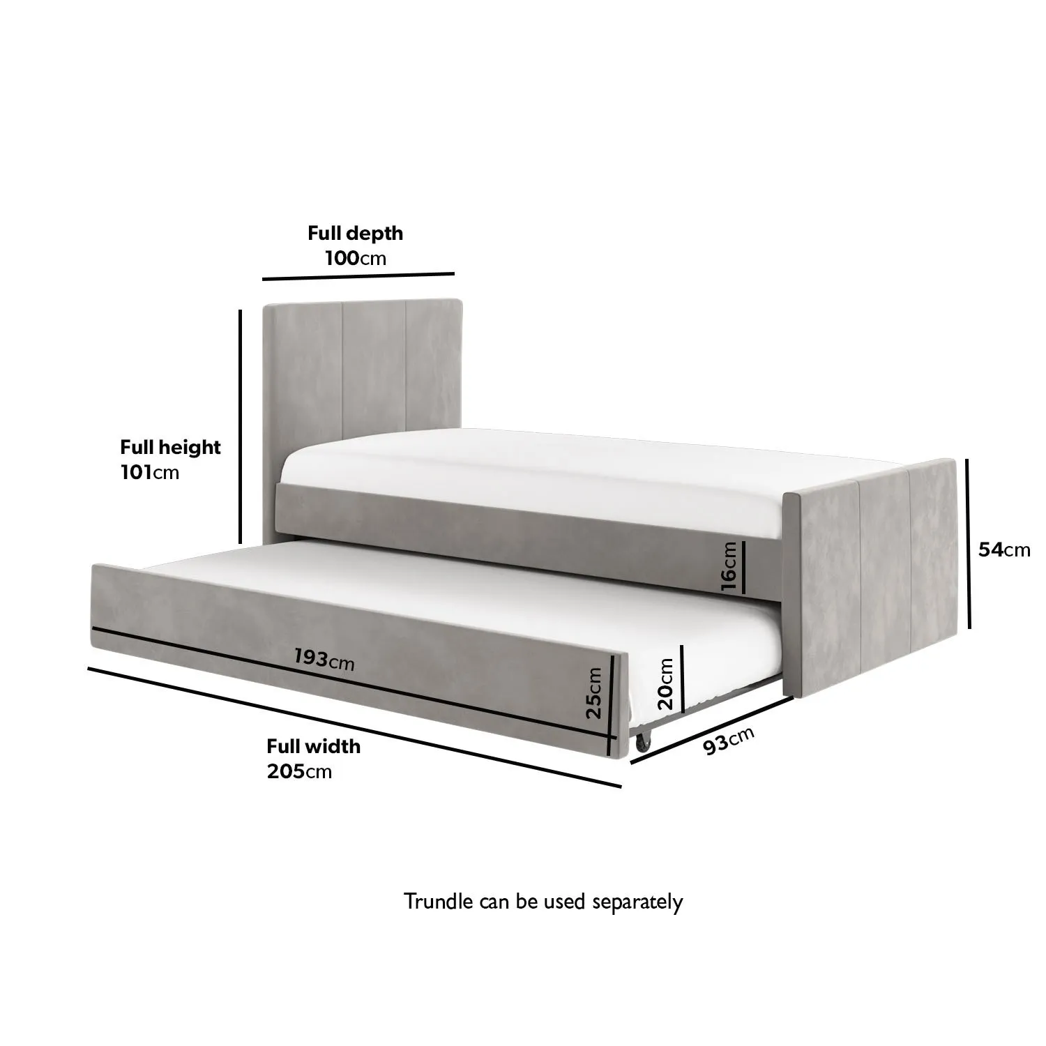 Single Bed with Trundle - Grey, Velvet