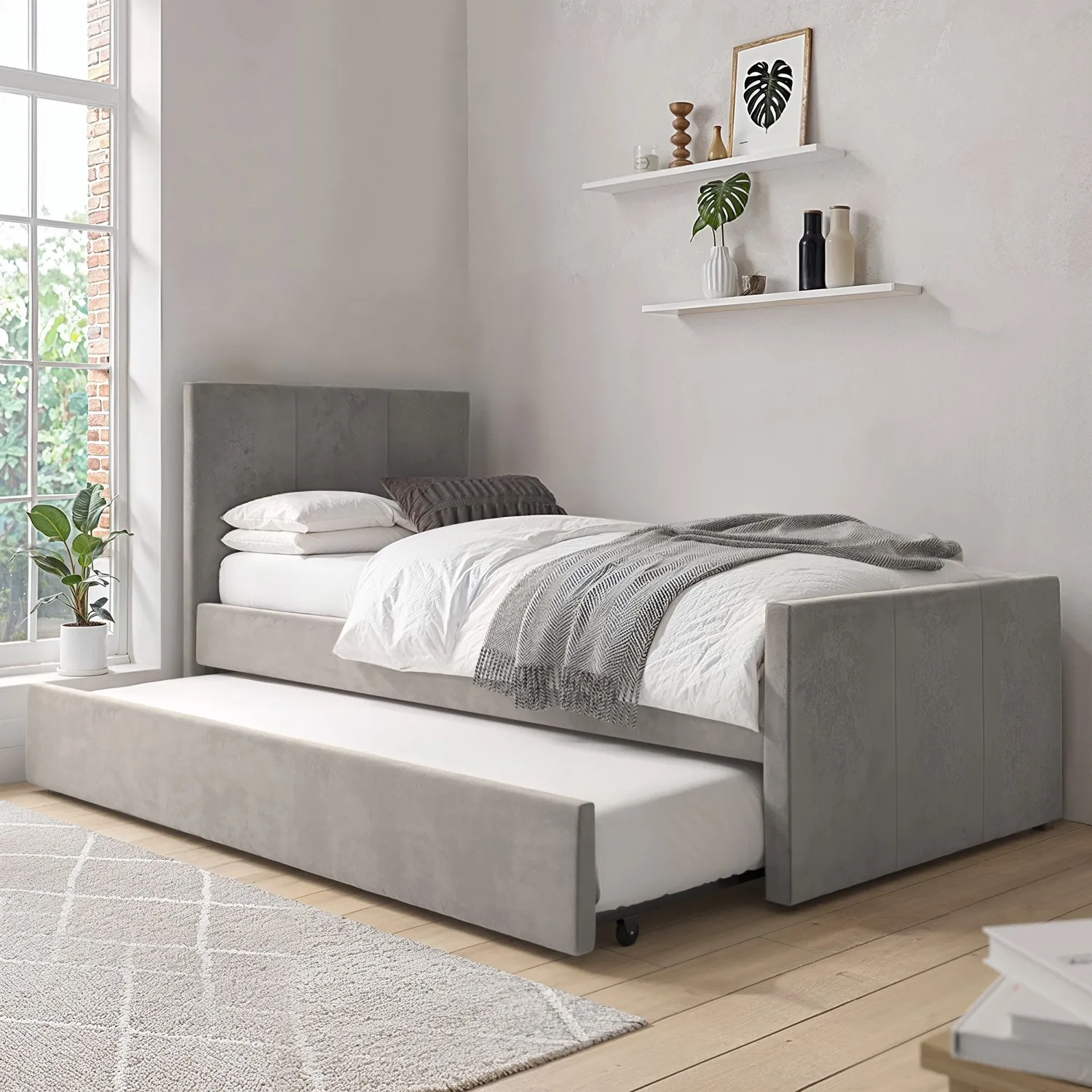 Single Bed with Trundle - Grey, Velvet image