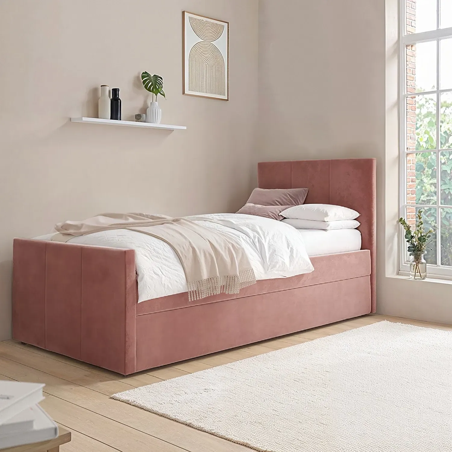 Single Bed with Trundle - Pink, Velvet