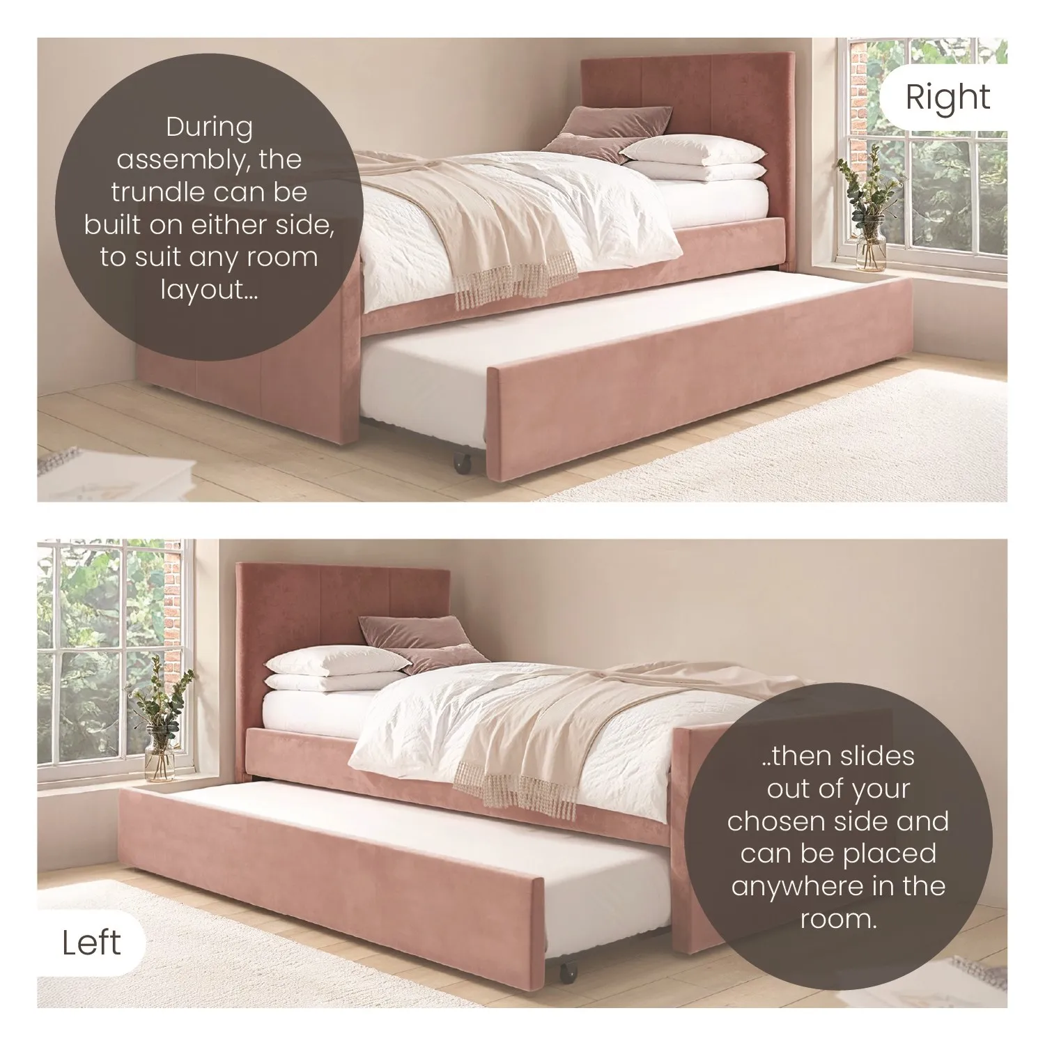 Single Bed with Trundle - Pink, Velvet