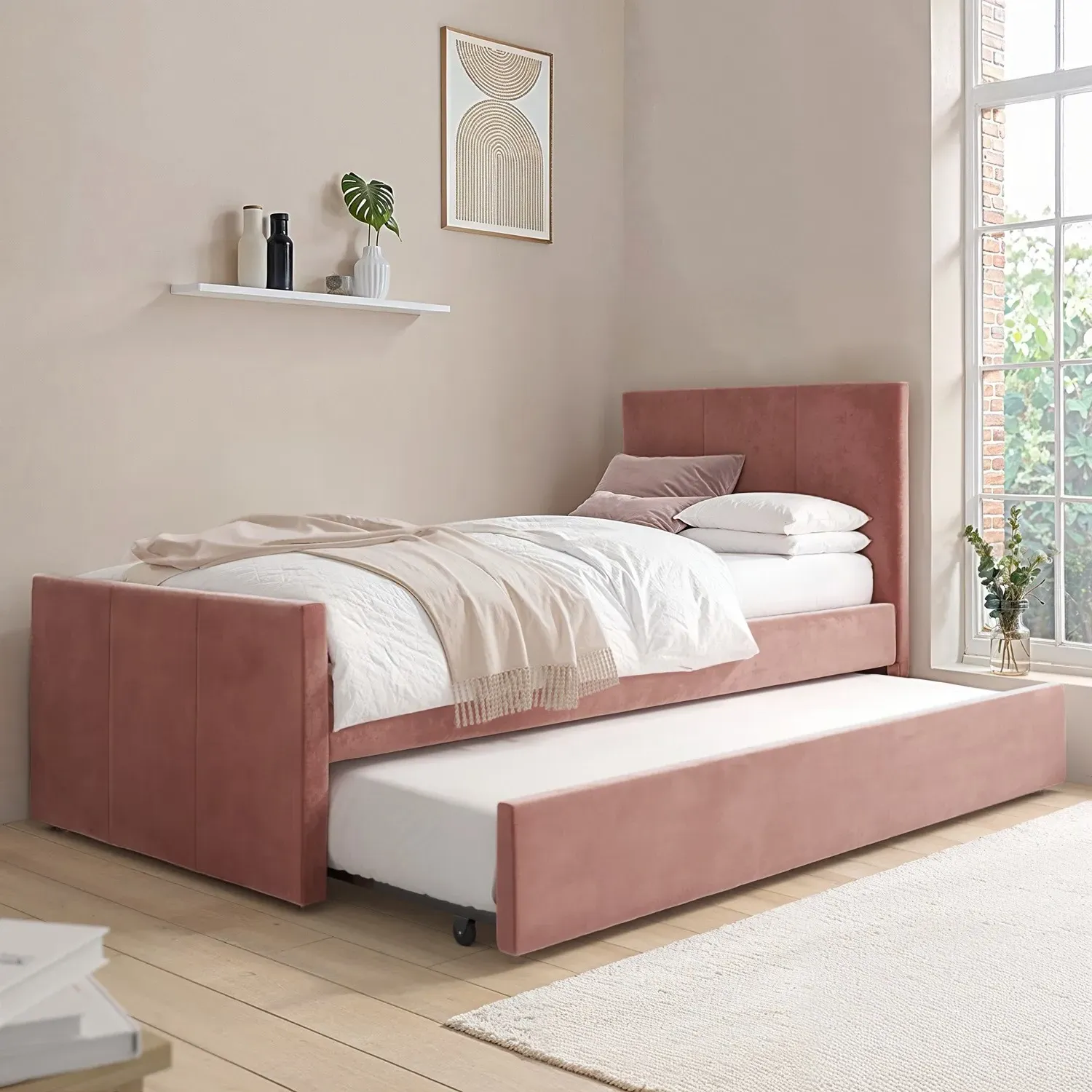 Single Bed with Trundle - Pink, Velvet image
