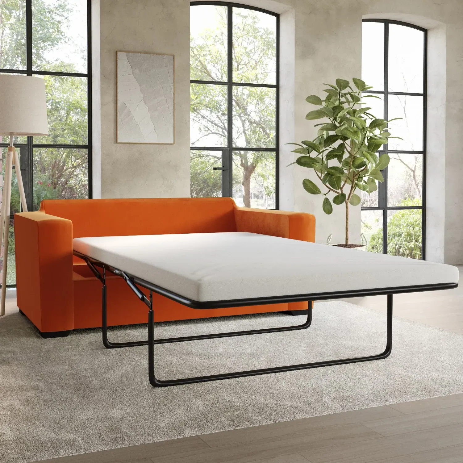 2-Seater Sofa Bed with Pull Out - Orange, Velvet