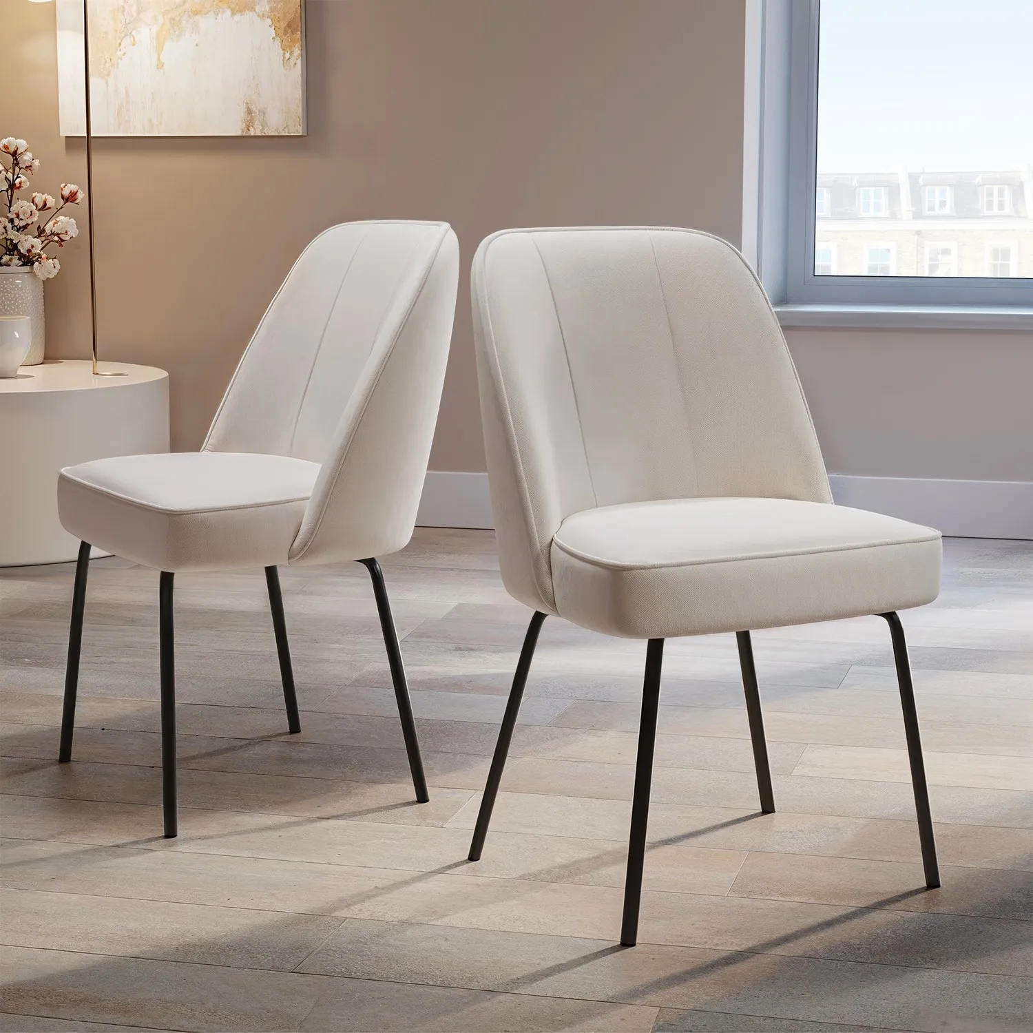 Set of 2 Curved Dining Chairs - Beige, Chenille image