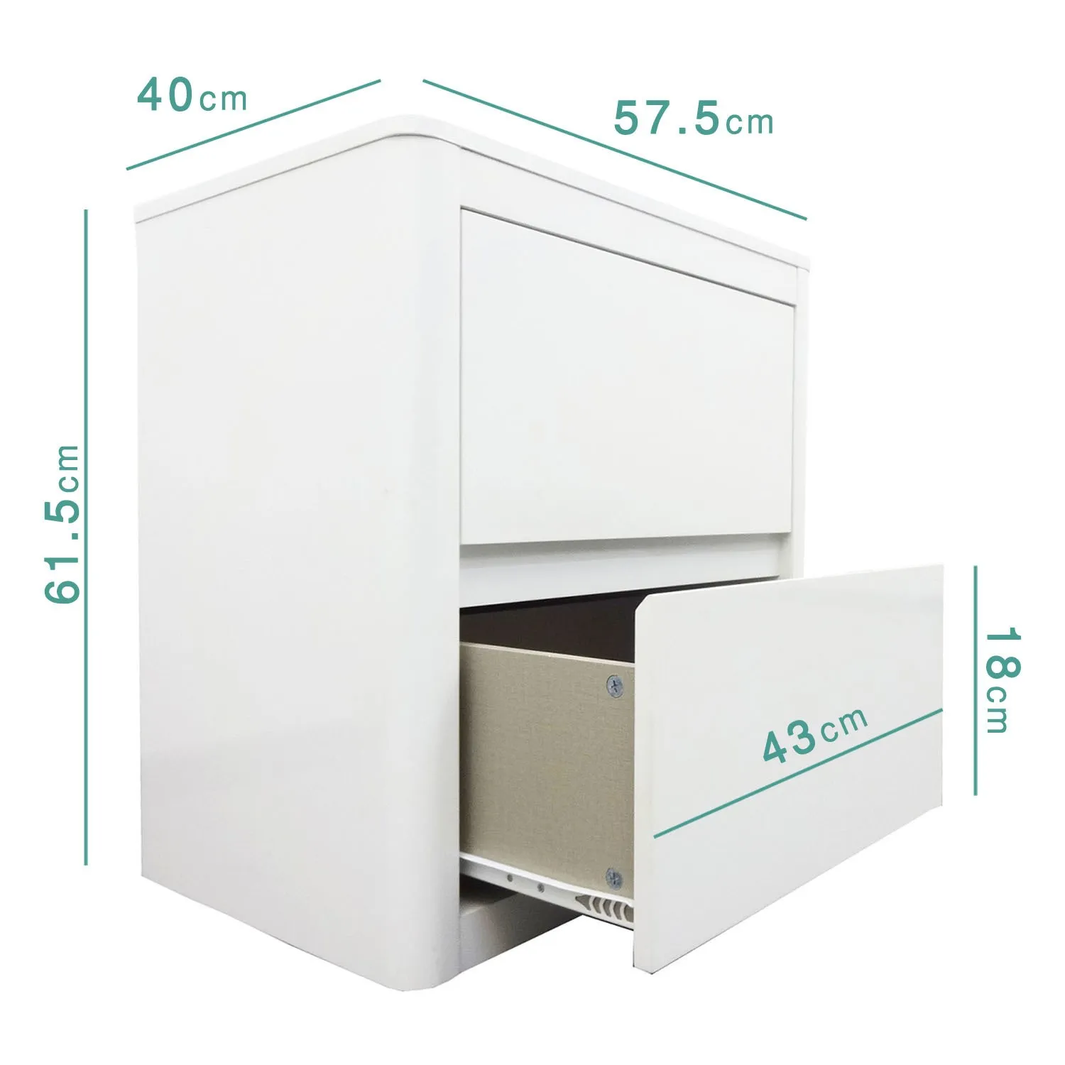 2-Drawer Bedside Table with Curved Edges - White