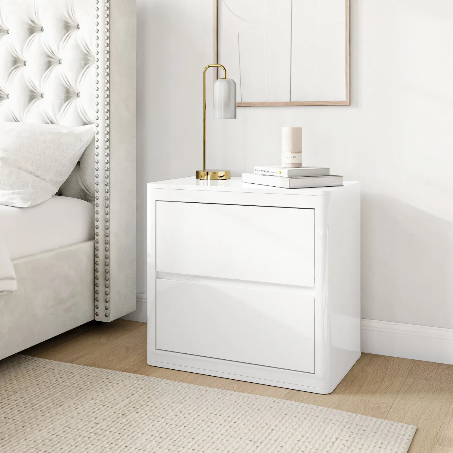 2-Drawer Bedside Table with Curved Edges - White image