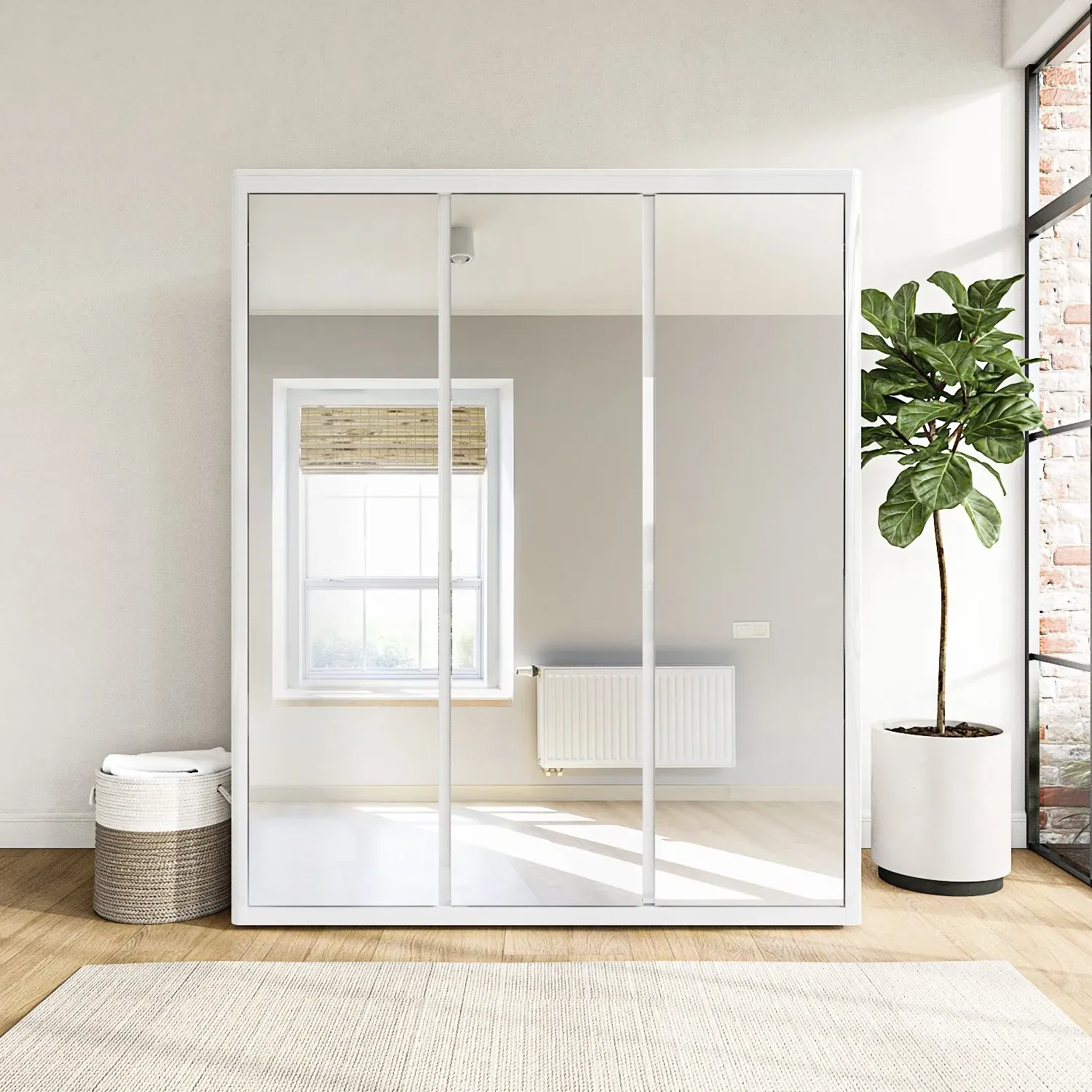 3-Door Mirrored Wardrobe - White, Gloss