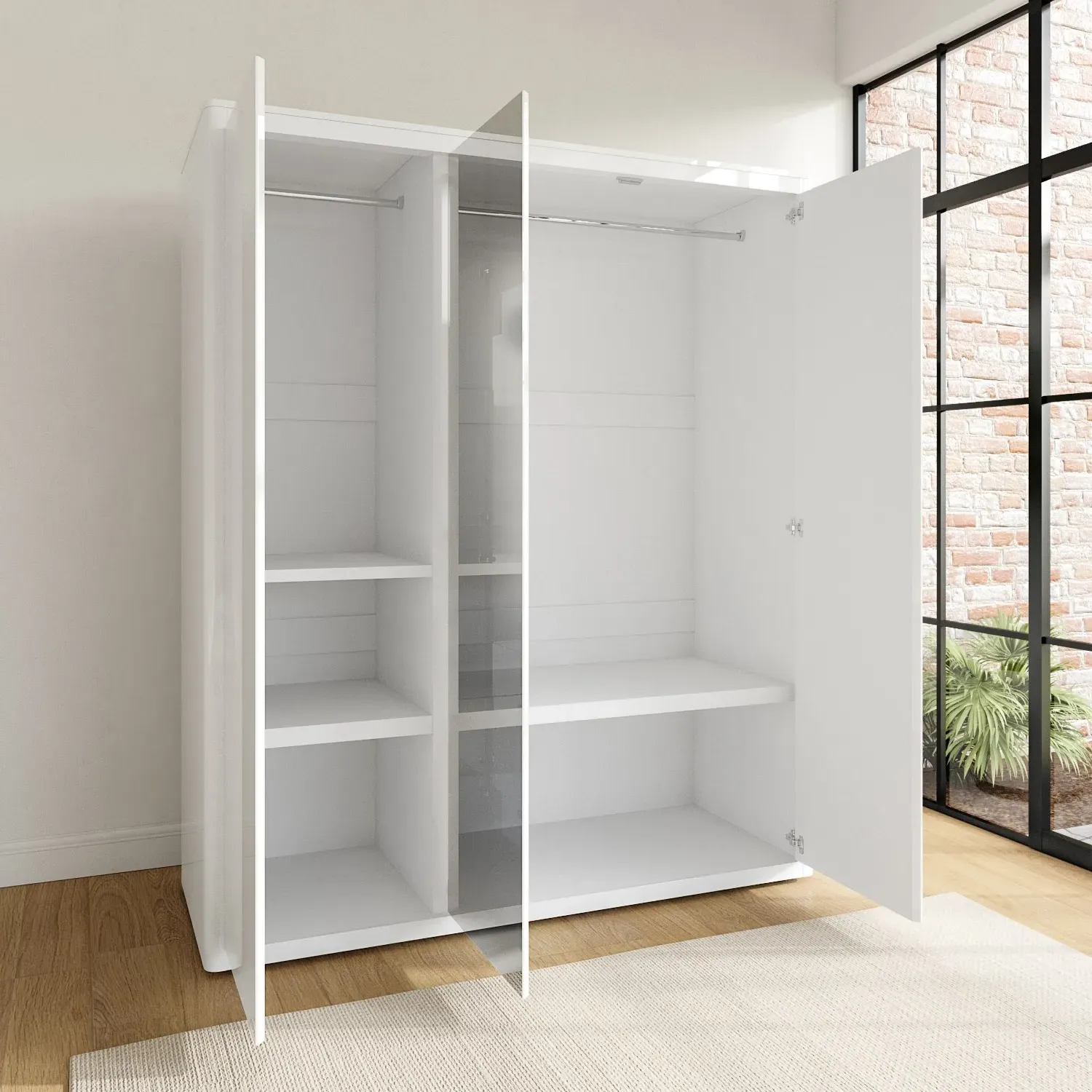 3-Door Wardrobe with Mirrors - White, Gloss