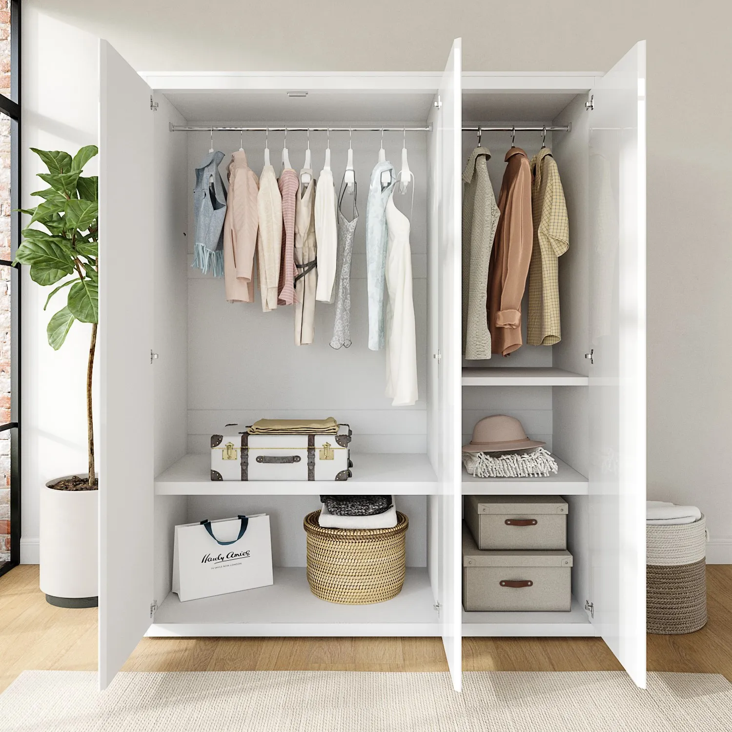 3-Door Wardrobe with Soft Close - White, Gloss